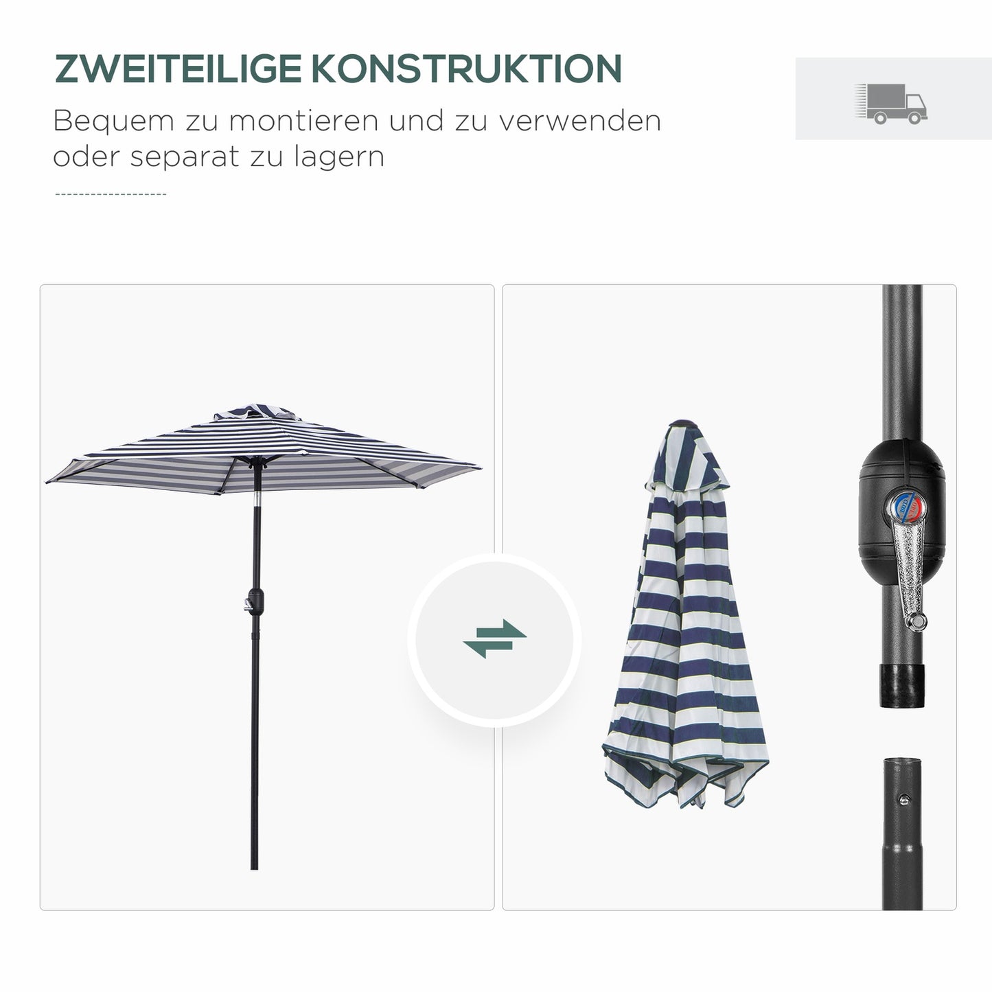 Outdoor garden umbrella - Steel frame, blue stripes, Ø230 cm
