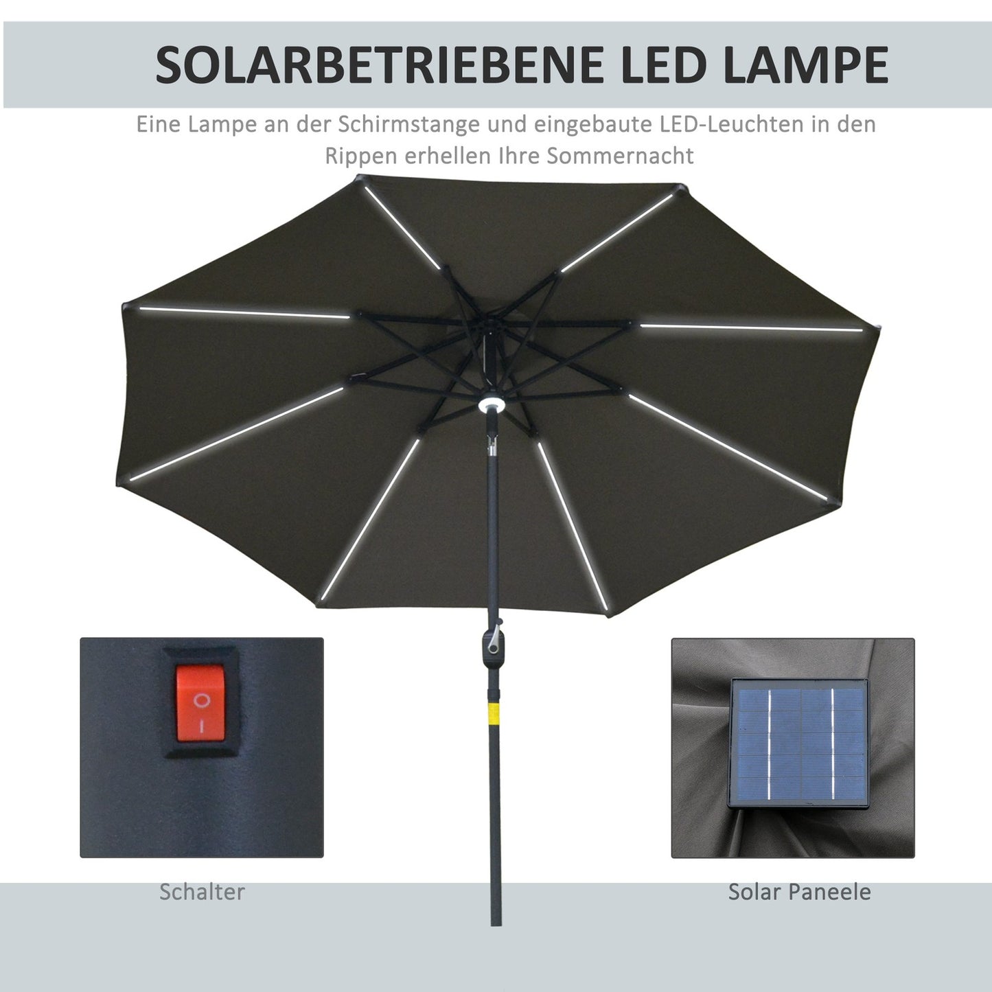 Garden umbrella with Solar LED light - dark grey, 270cm