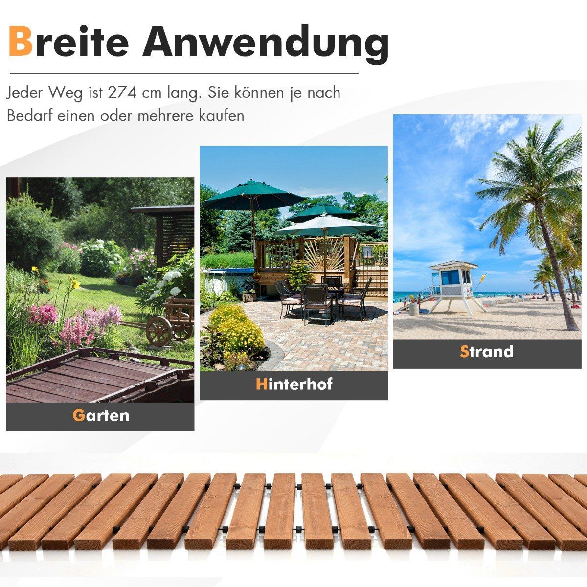 Garden Wooden Path 245 x 55 x 2 cm Rollable Weatherproof Straight Outdoor Walkway