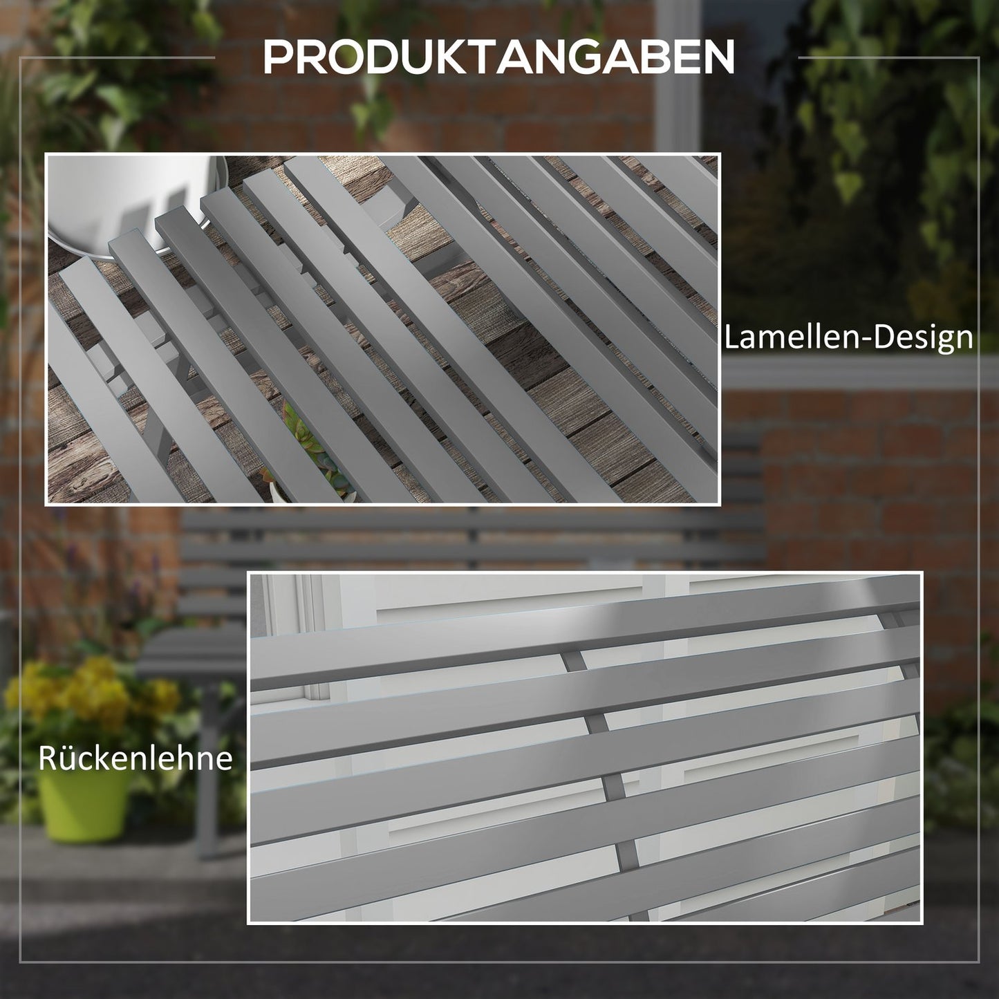 Outdoor aluminum garden bench, 2-seater with backrest, gray