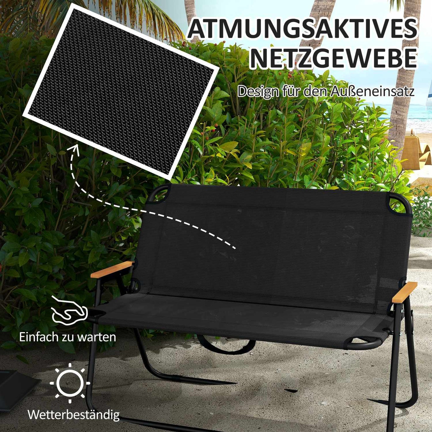 Folding garden bench, 2-seater, 220 kg capacity, black mesh