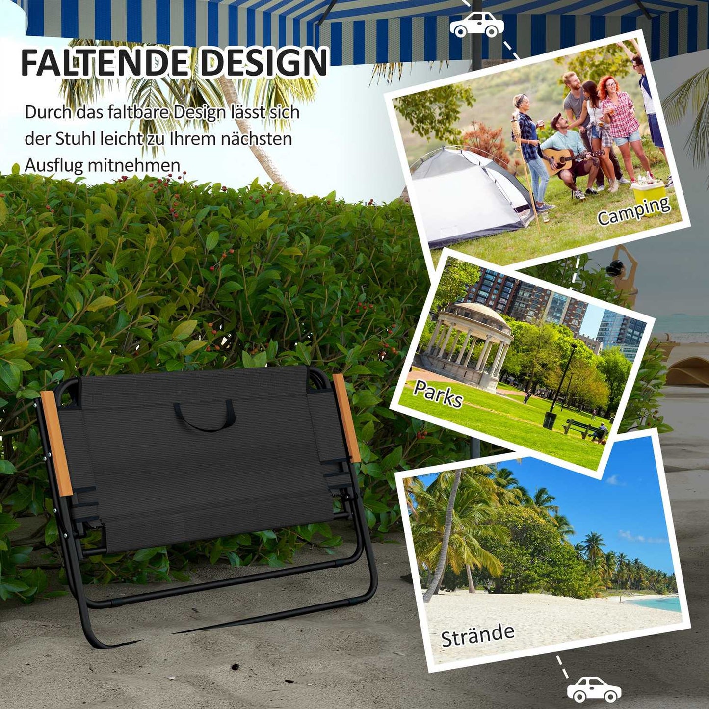 Folding garden bench, 2-seater, 220 kg capacity, black mesh