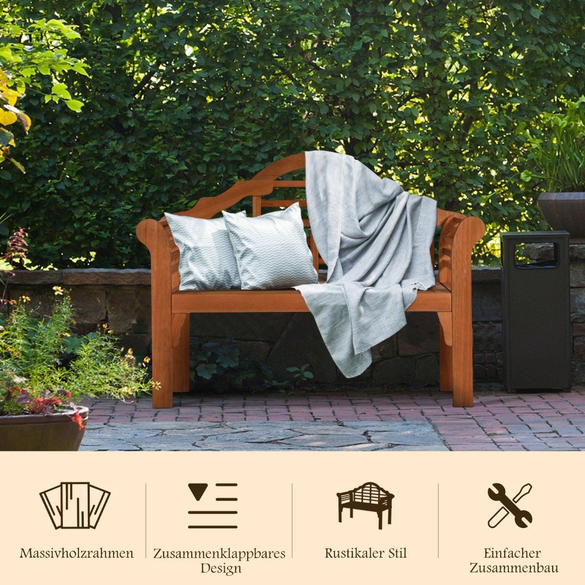 Garden bench folding wooden bench for outdoor use 123 x 54 x 96 cm natural