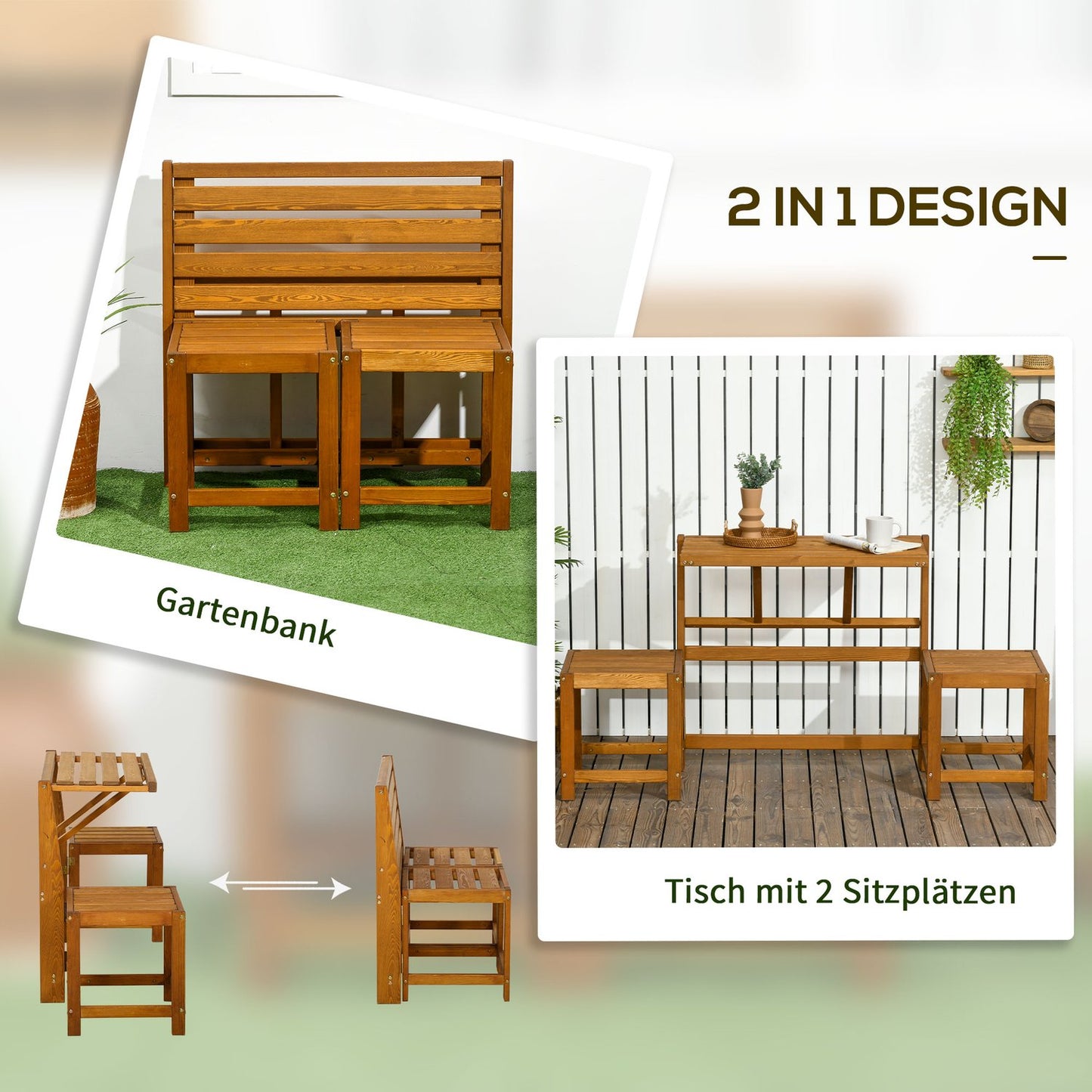 Weather-resistant 2-in-1 garden bench in teak-look larch