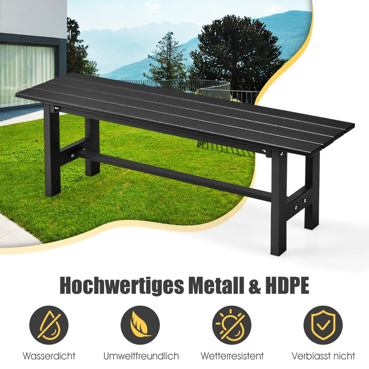 Garden bench for 2 people with a slatted seat that can hold up to 300kg, 120 x 36 x 40.5 cm, black