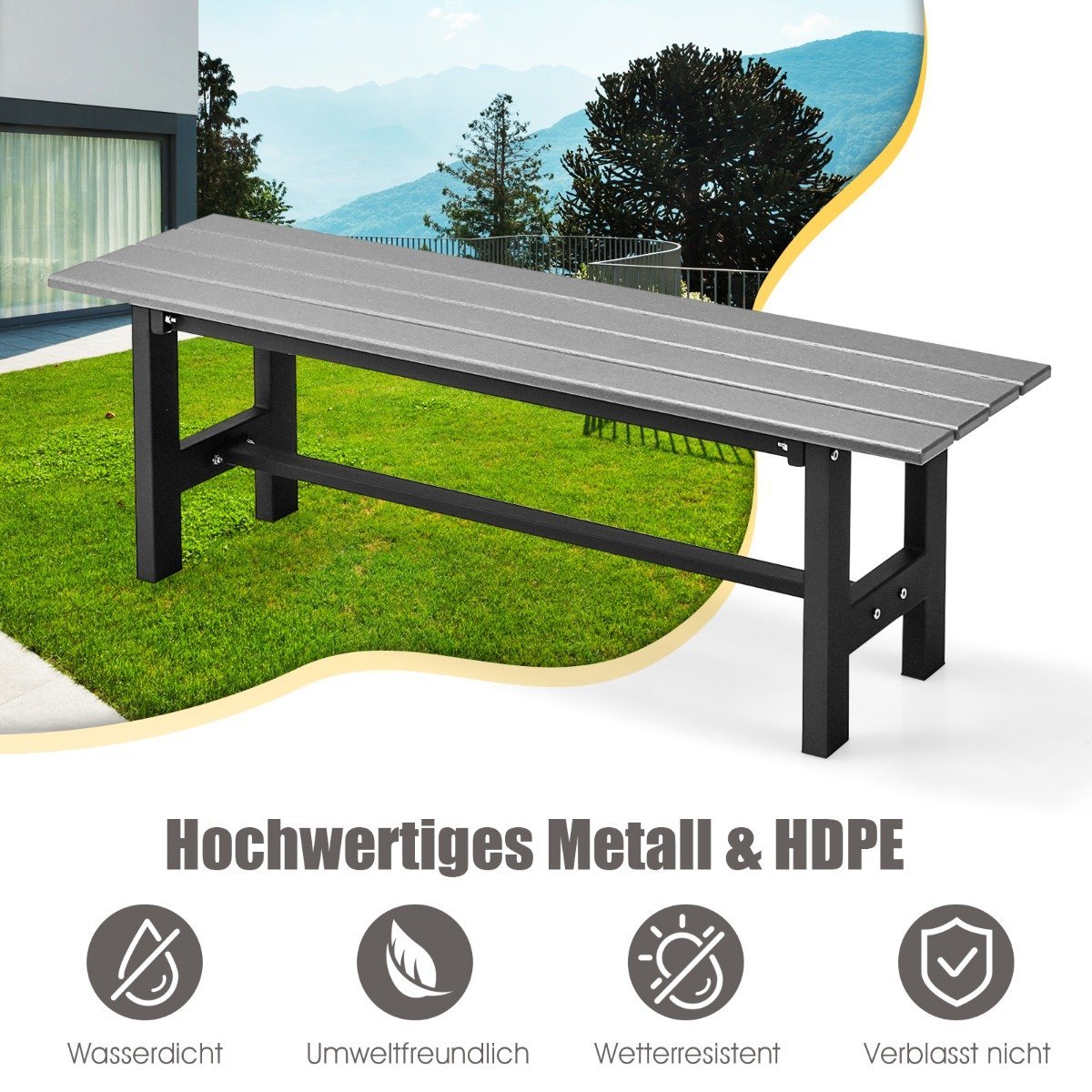 Garden bench for 2 people with slatted seat can hold up to 300kg 120 x 36 x 40.5 cm grey