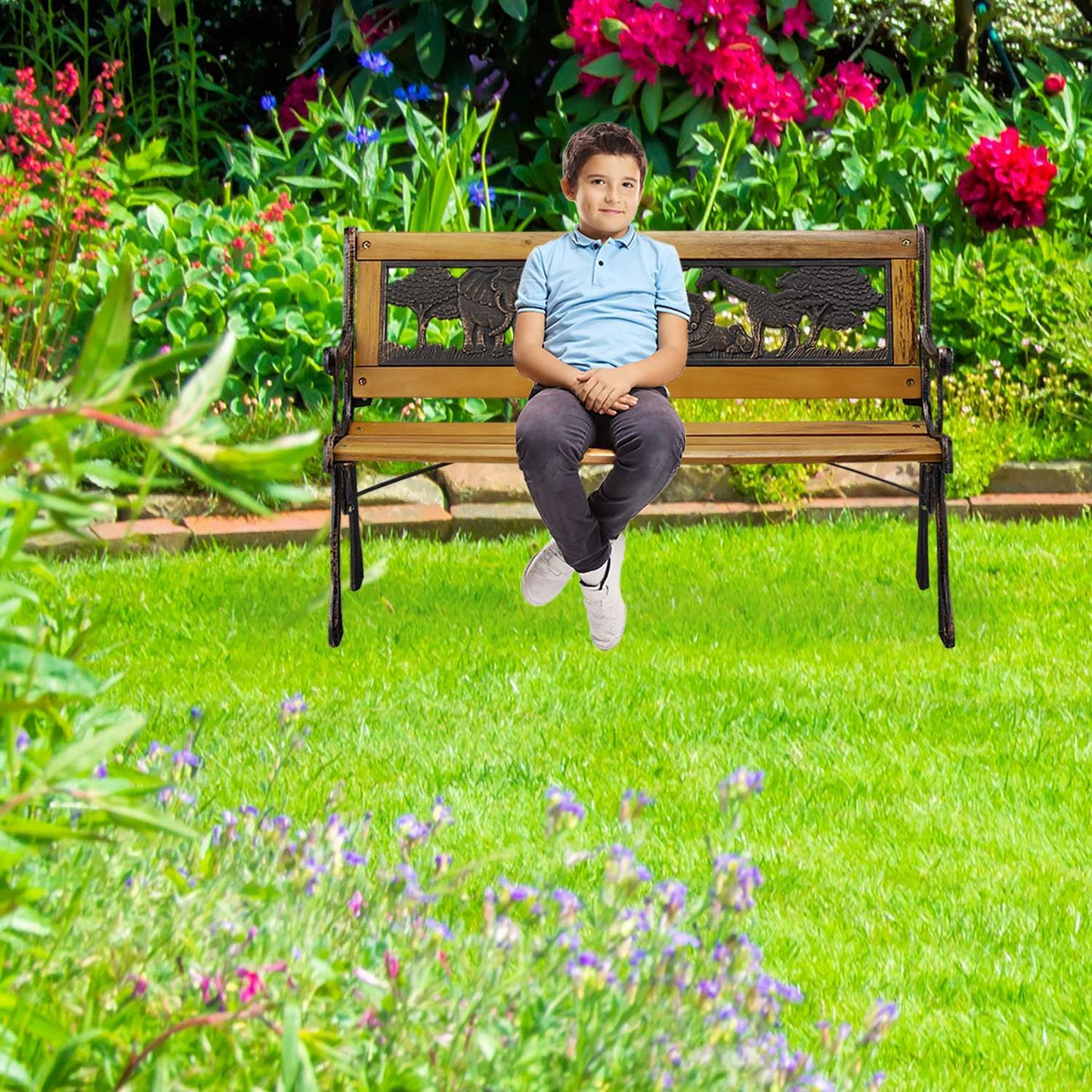 Garden bench for children with animal motifs