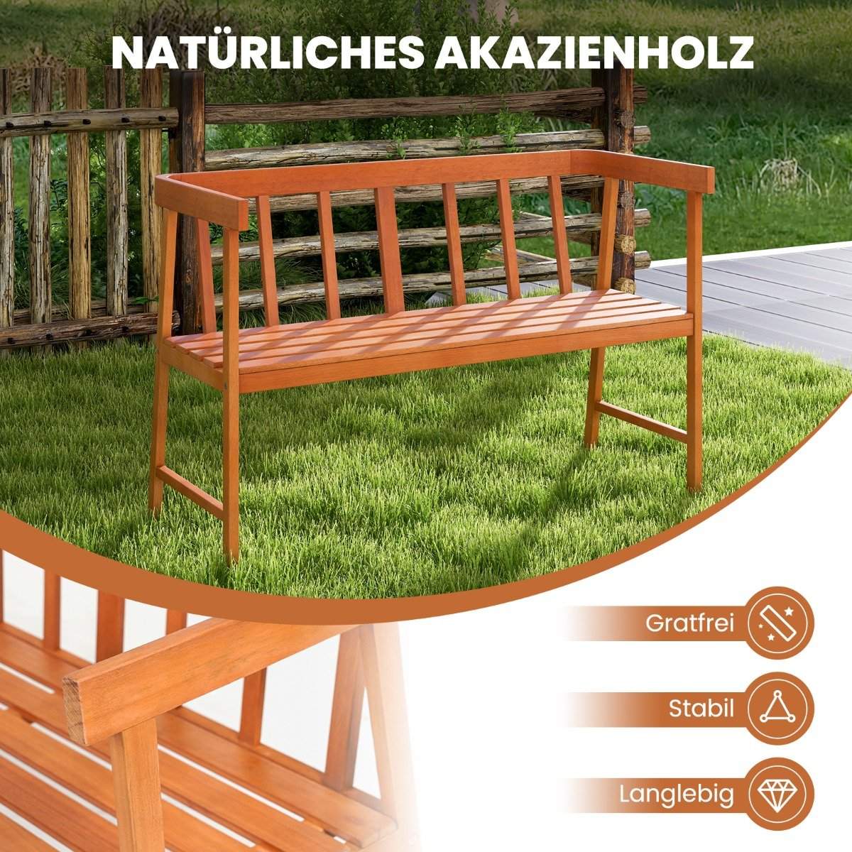 Garden bench made of acacia wood, load capacity up to 360 kg, 2-seater wooden bench 110 x 46 x 72 cm