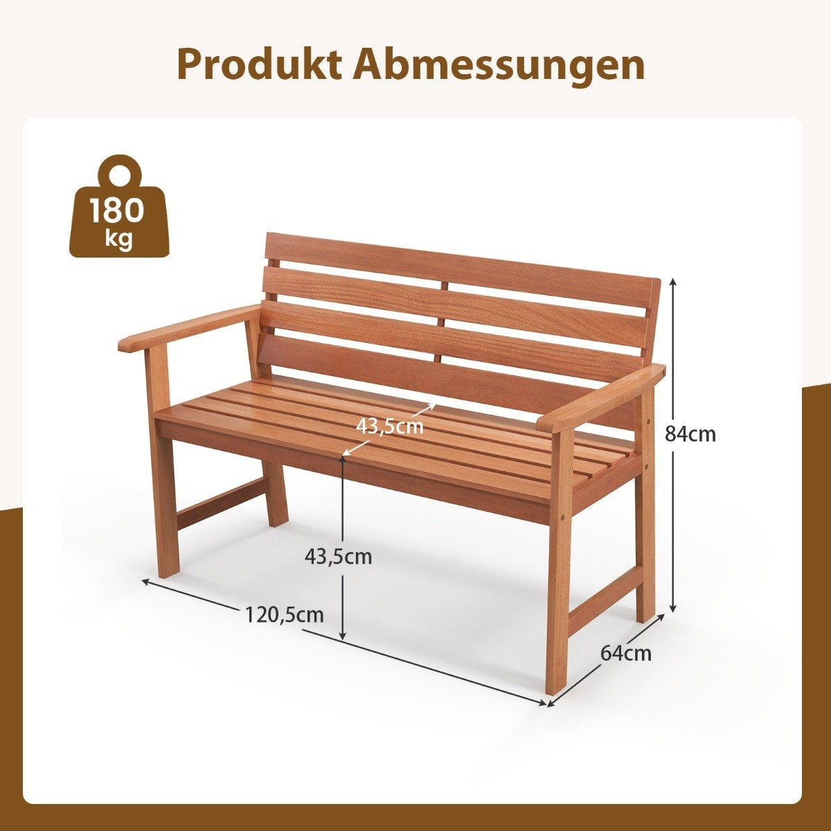Garden bench made of hardwood, wooden bench, weatherproof, bench for 2 people, balcony bench made of hardwood, 120.5 x 64 x 84 cm, natural