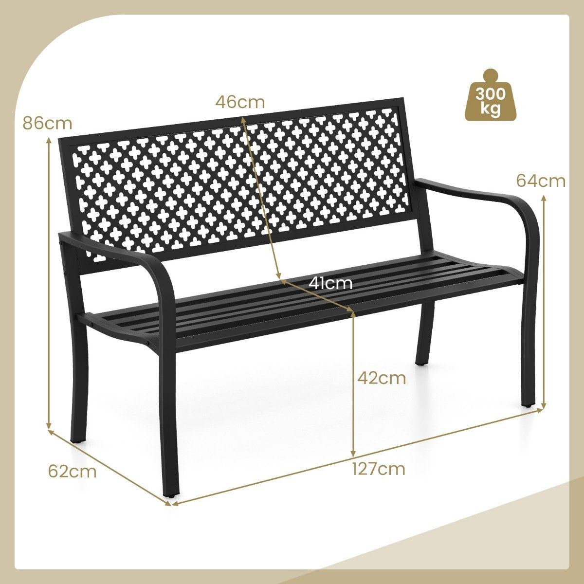 Garden bench metal weatherproof bench for 2-3 seater park bench with backrest and armrest 127 x 62 x 86 cm black