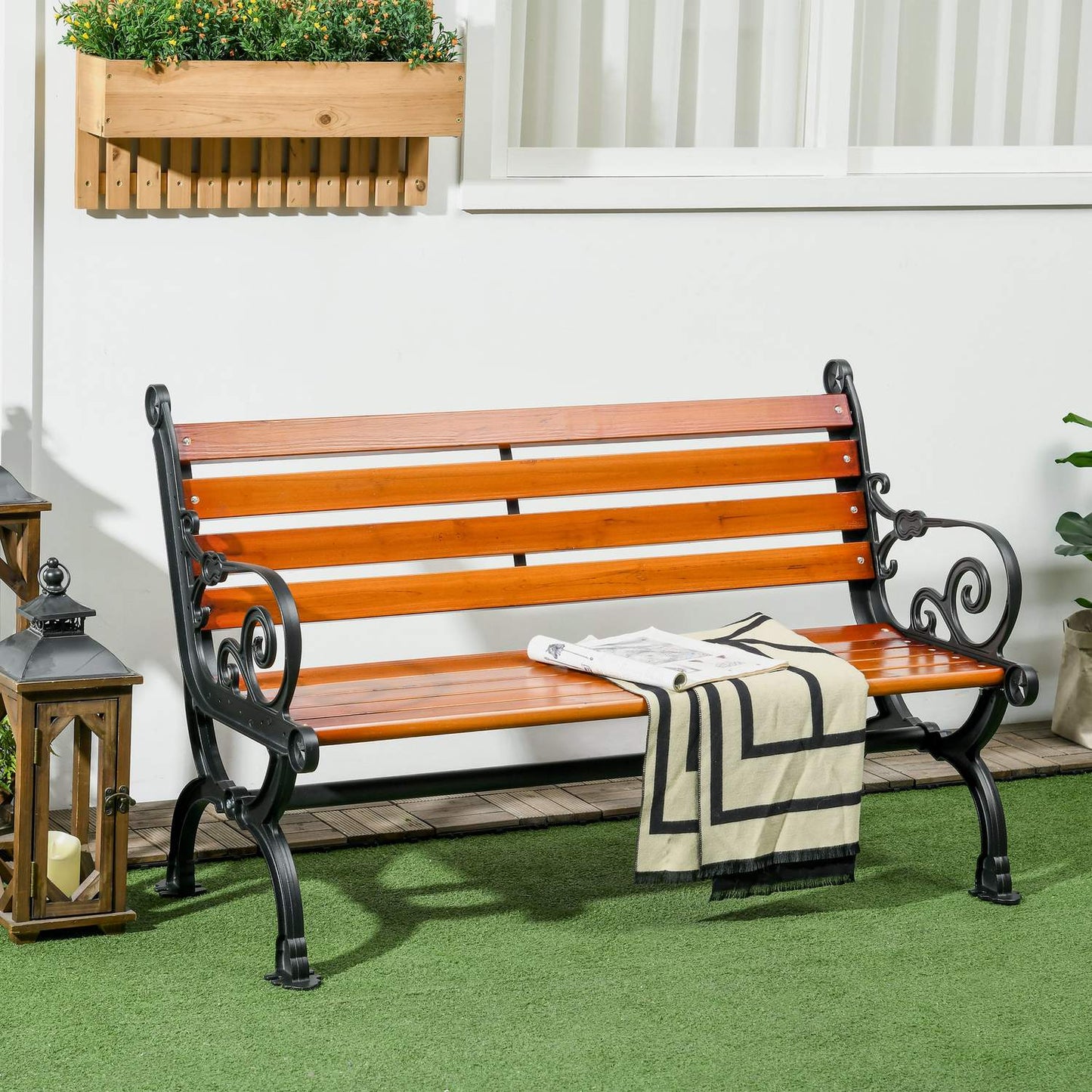 Garden bench in teak with armrests, weatherproof, 2-seater