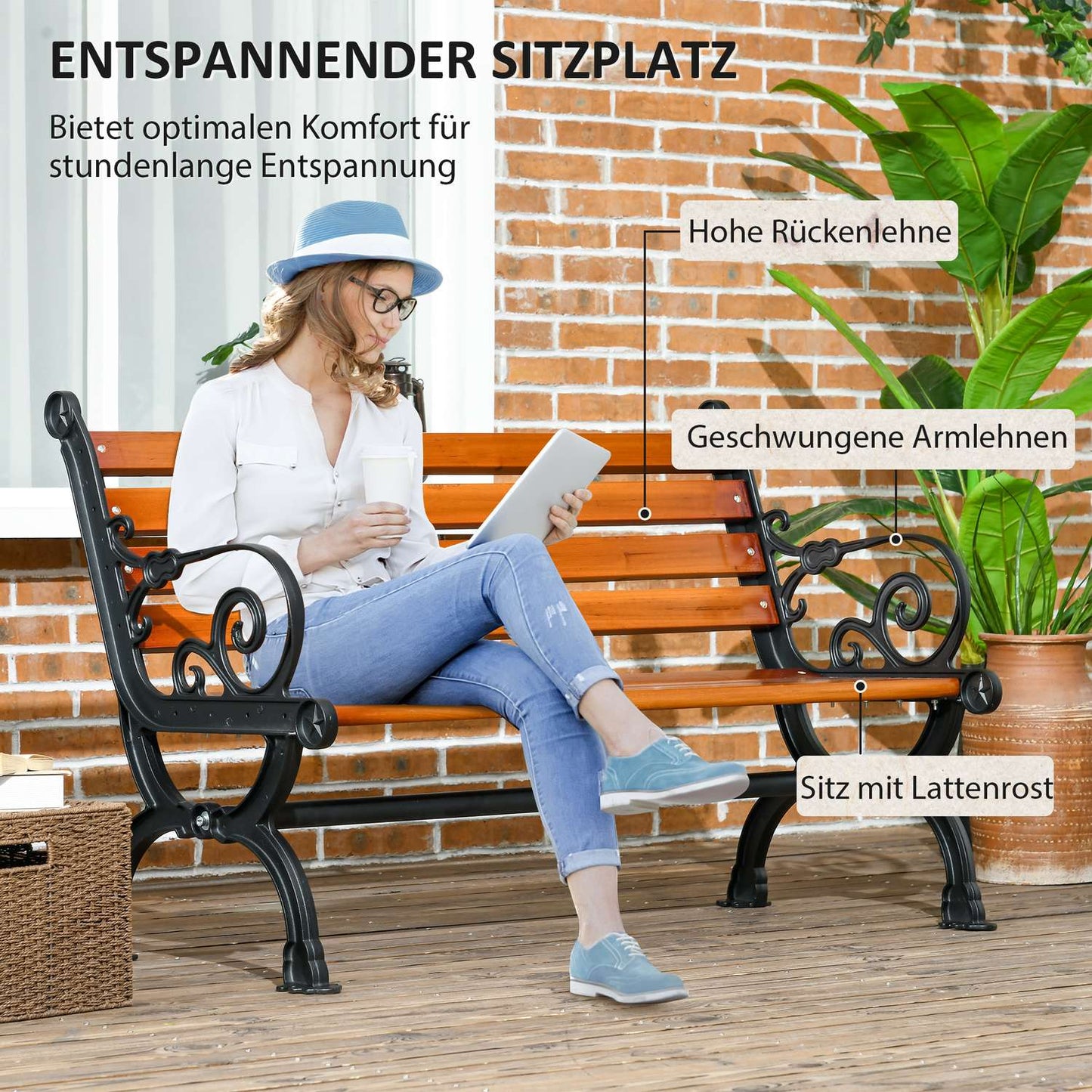 Garden bench in teak with armrests, weatherproof, 2-seater