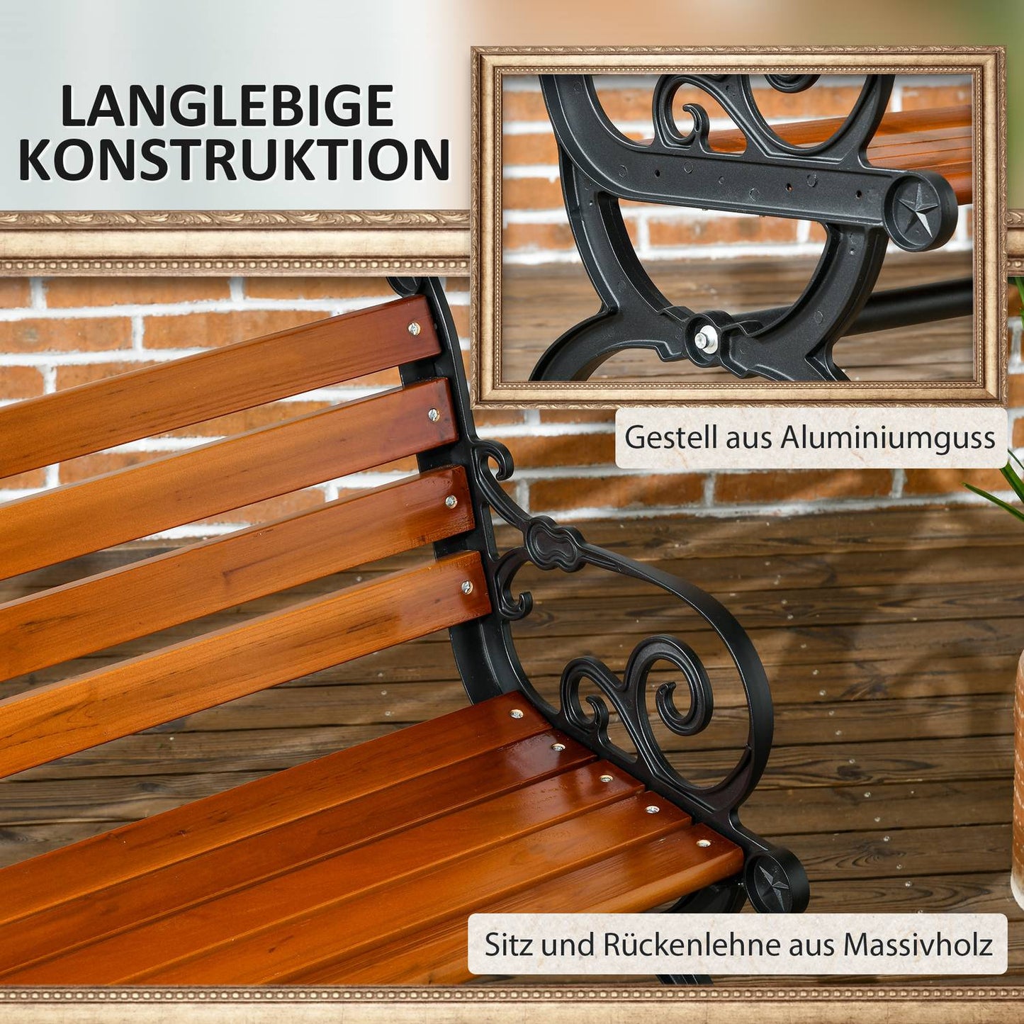 Garden bench in teak with armrests, weatherproof, 2-seater