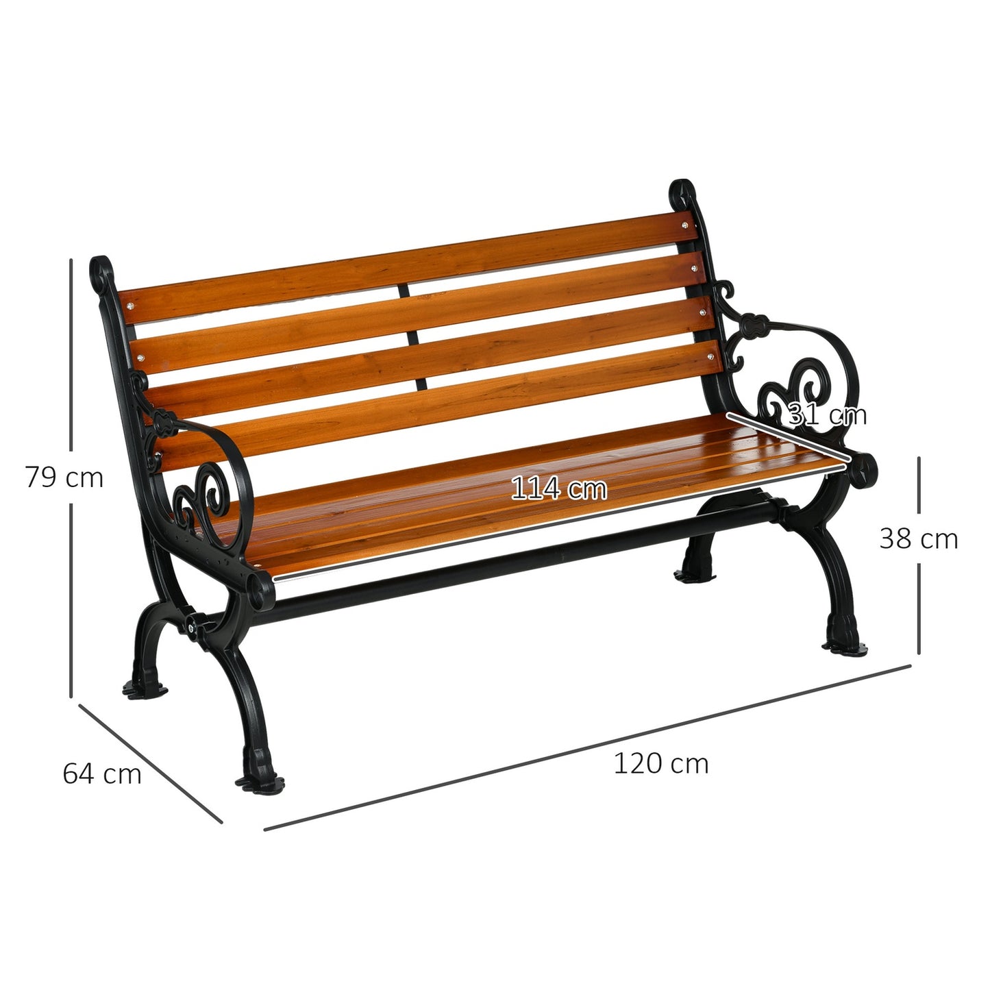 Garden bench in teak with armrests, weatherproof, 2-seater