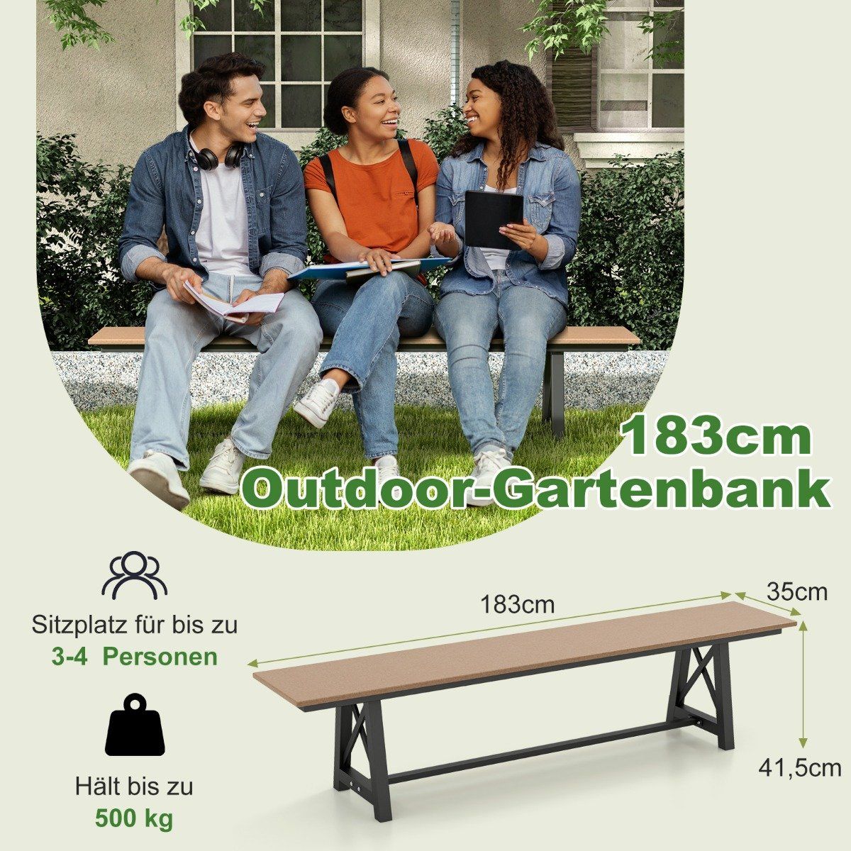 Garden bench weatherproof 3-seater bench can hold up to 500 kg 183 x 35 x 41.5 cm brown