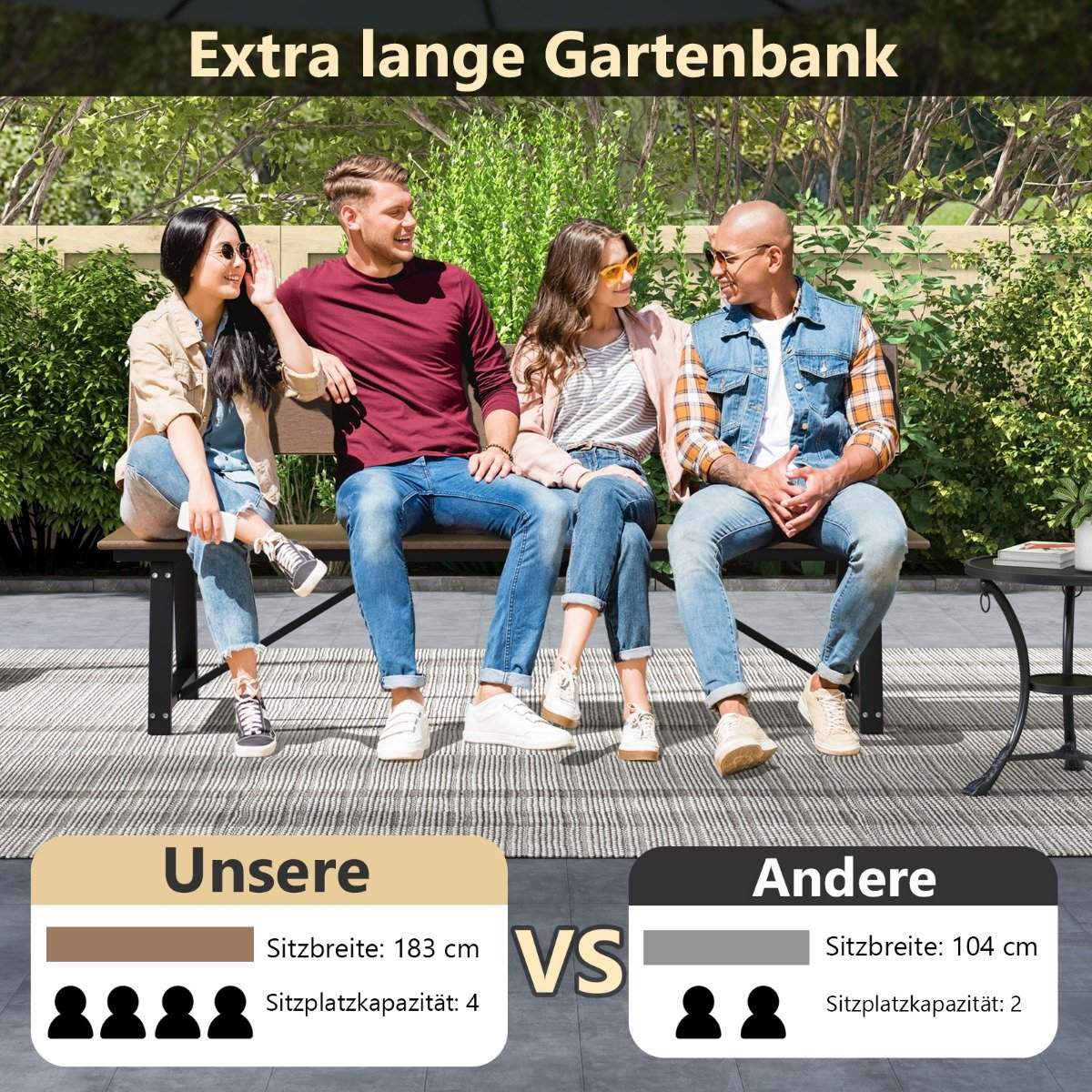 Garden bench weatherproof 3-seater bench can hold up to 500kg 183 x 52 x 85 cm brown