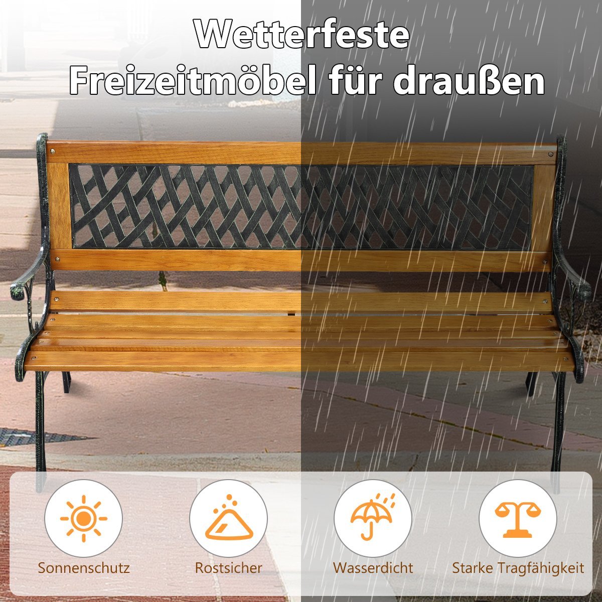 Garden bench with cast iron structure for outdoor use 125 x 52 x 73 cm Black + Natural
