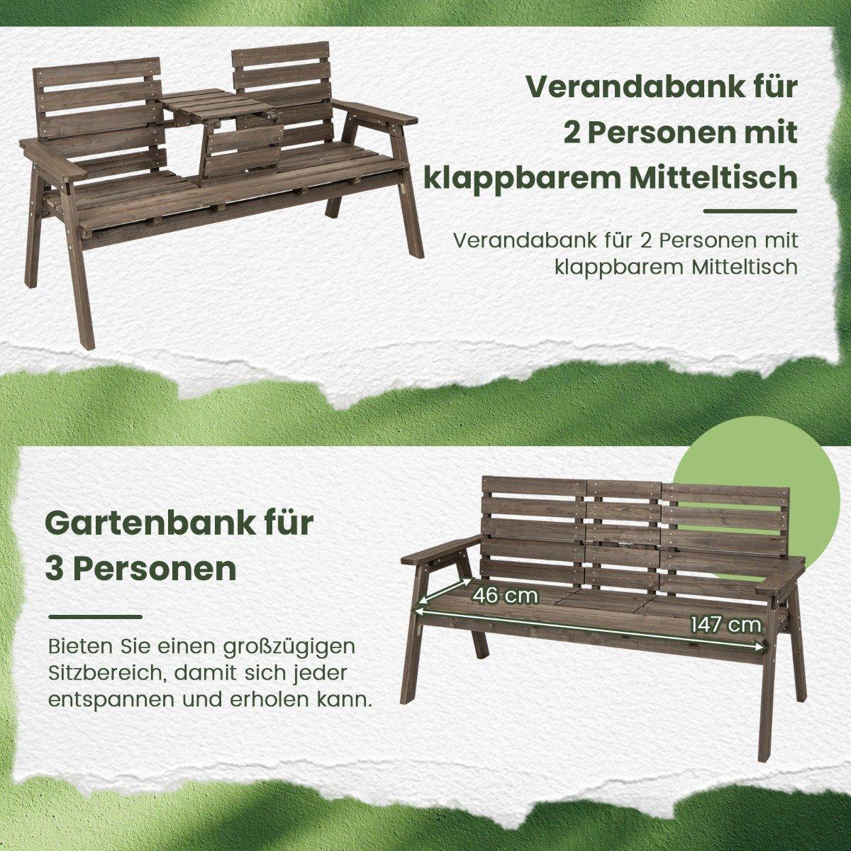 Garden bench with folding center table & backrest wooden bench load capacity 320 kg brown