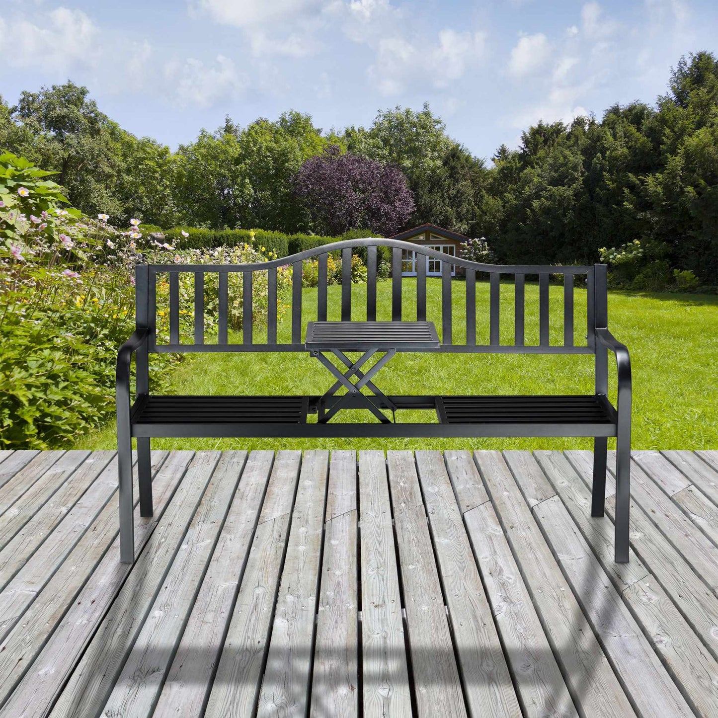 Garden bench with integrated table