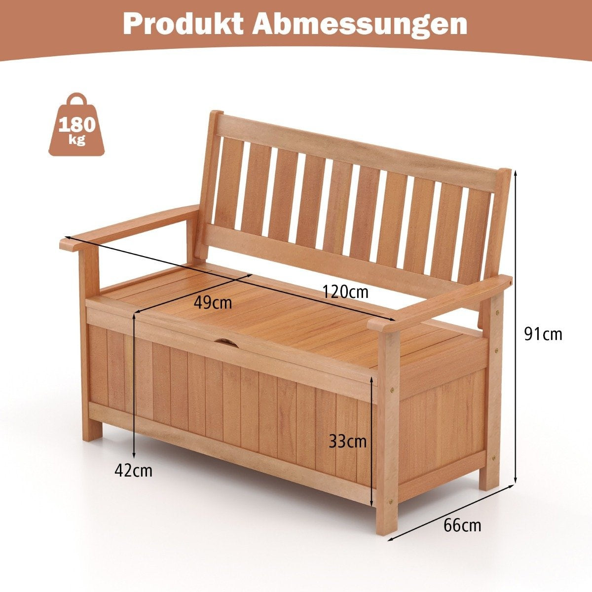 Garden bench with storage space, 2-seater bench, solid wood, can hold up to 180 kg, 120 x 66 x 91 cm, natural
