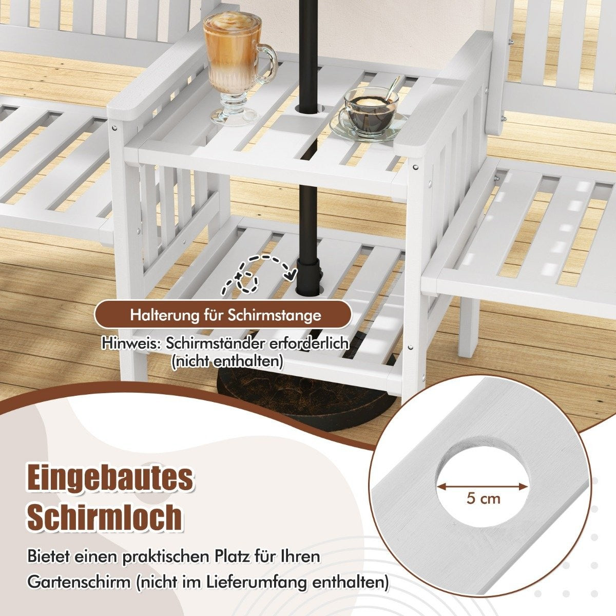 Garden bench with table 2-seater bench with 5 cm umbrella hole wooden bench made of fir wood up to 330 kg 165 x 60 x 88 cm white