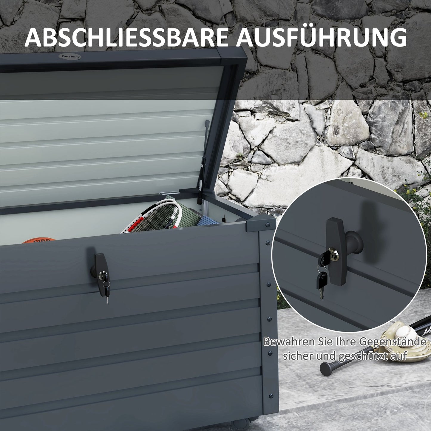 Dark gray garden storage box with wheels and lock 100x62x65 cm