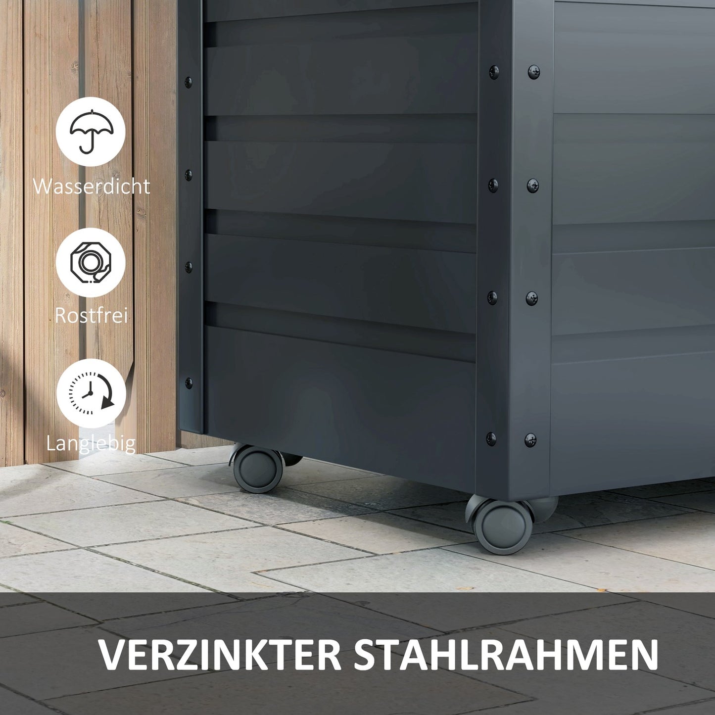 Dark gray garden storage box with wheels and lock 100x62x65 cm