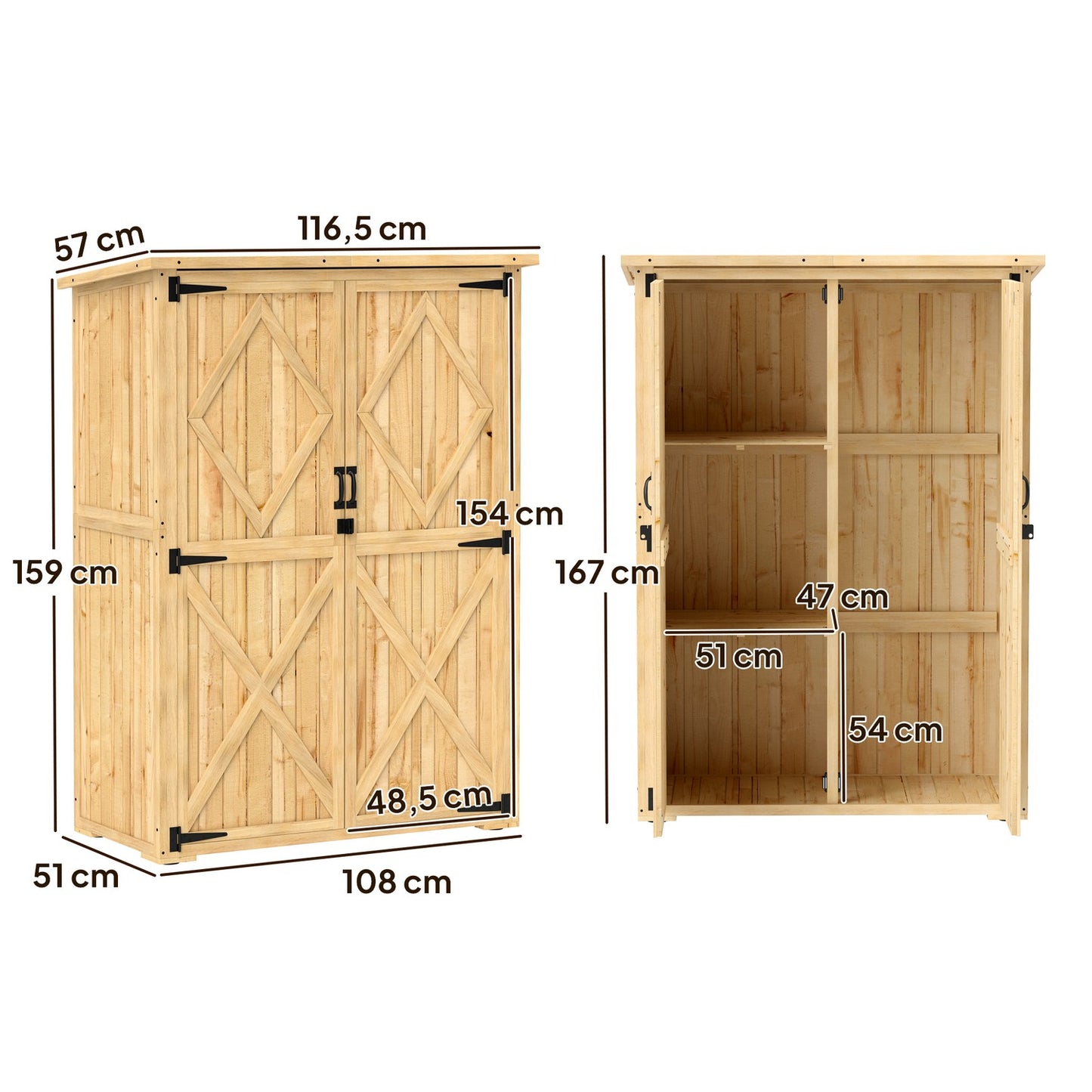 Wooden garden tool cabinet with lockable double doors