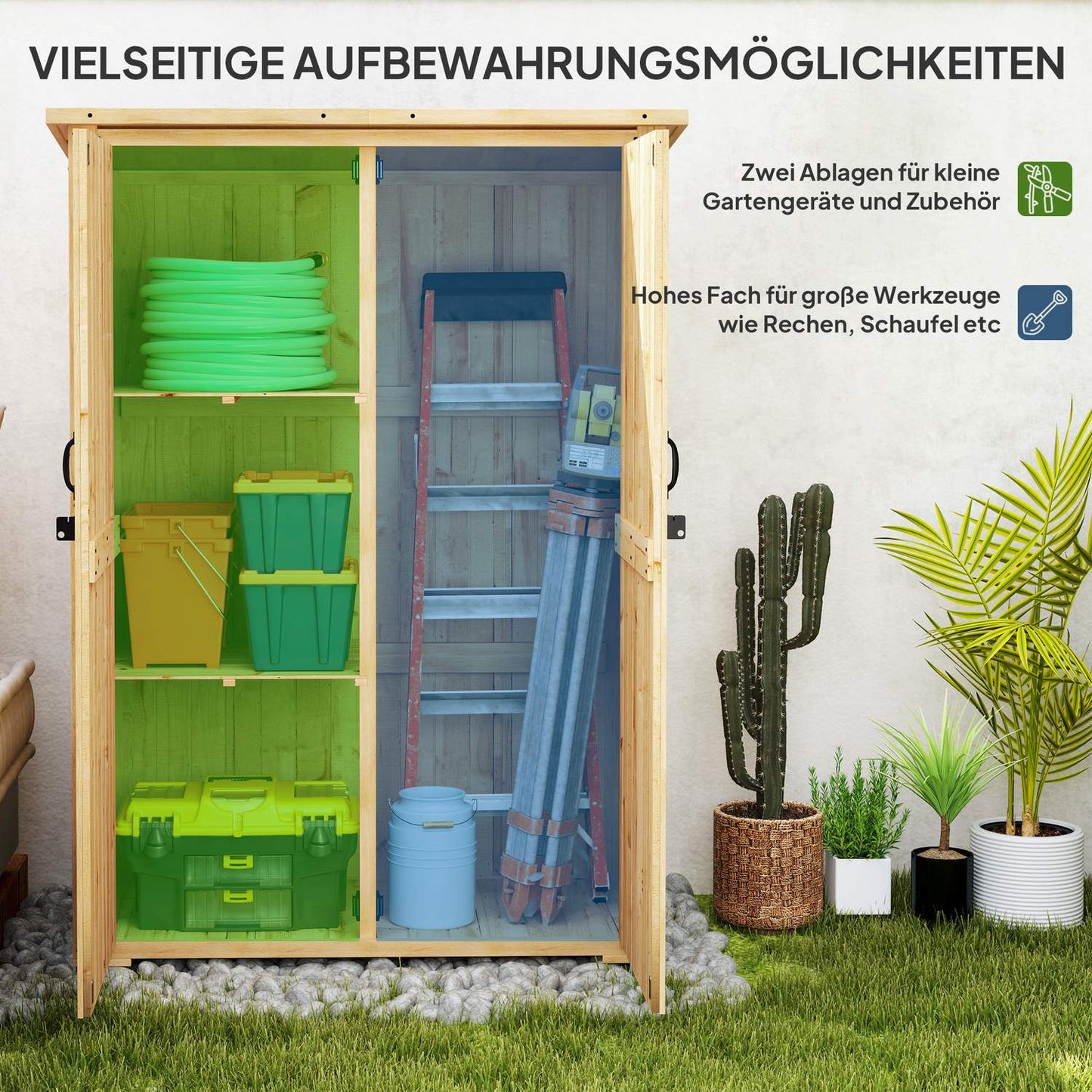 Wooden garden tool cabinet with lockable double doors