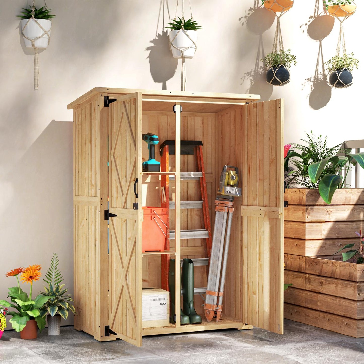 Wooden garden tool cabinet with lockable double doors