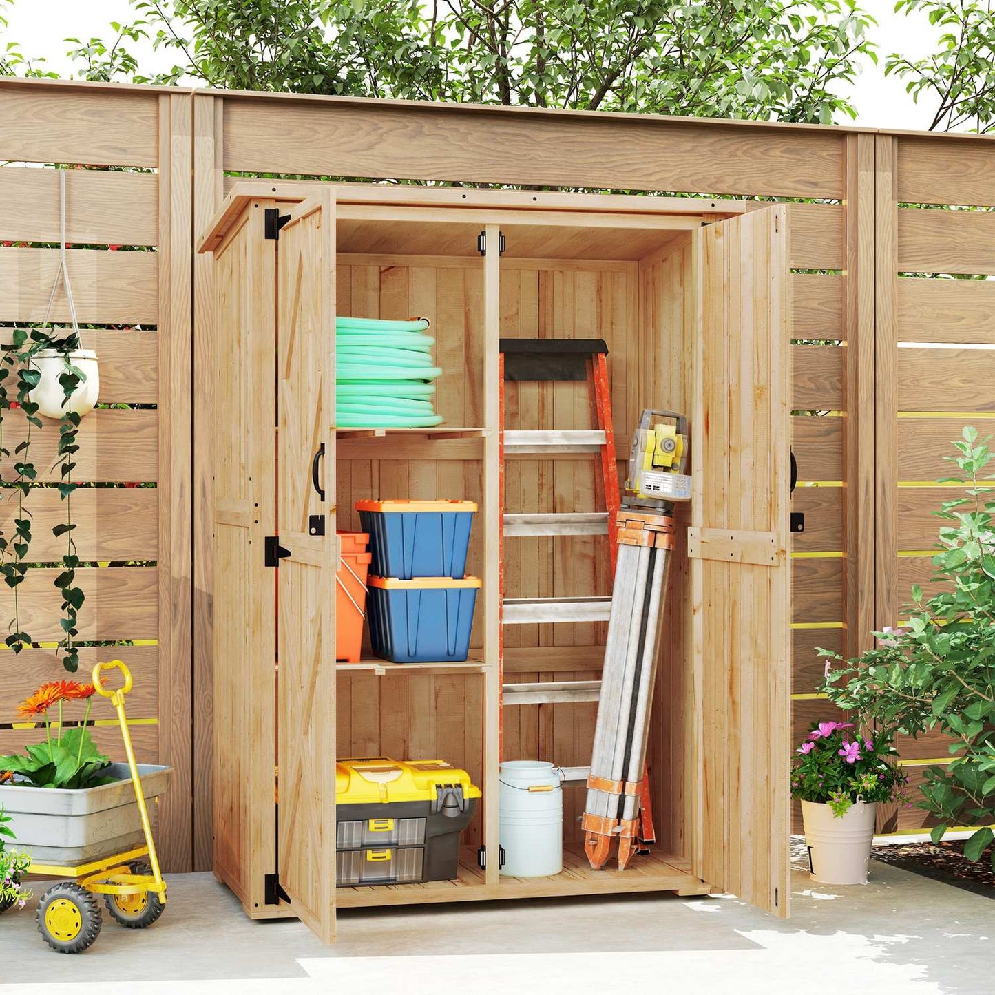 Wooden garden tool cabinet with lockable double doors