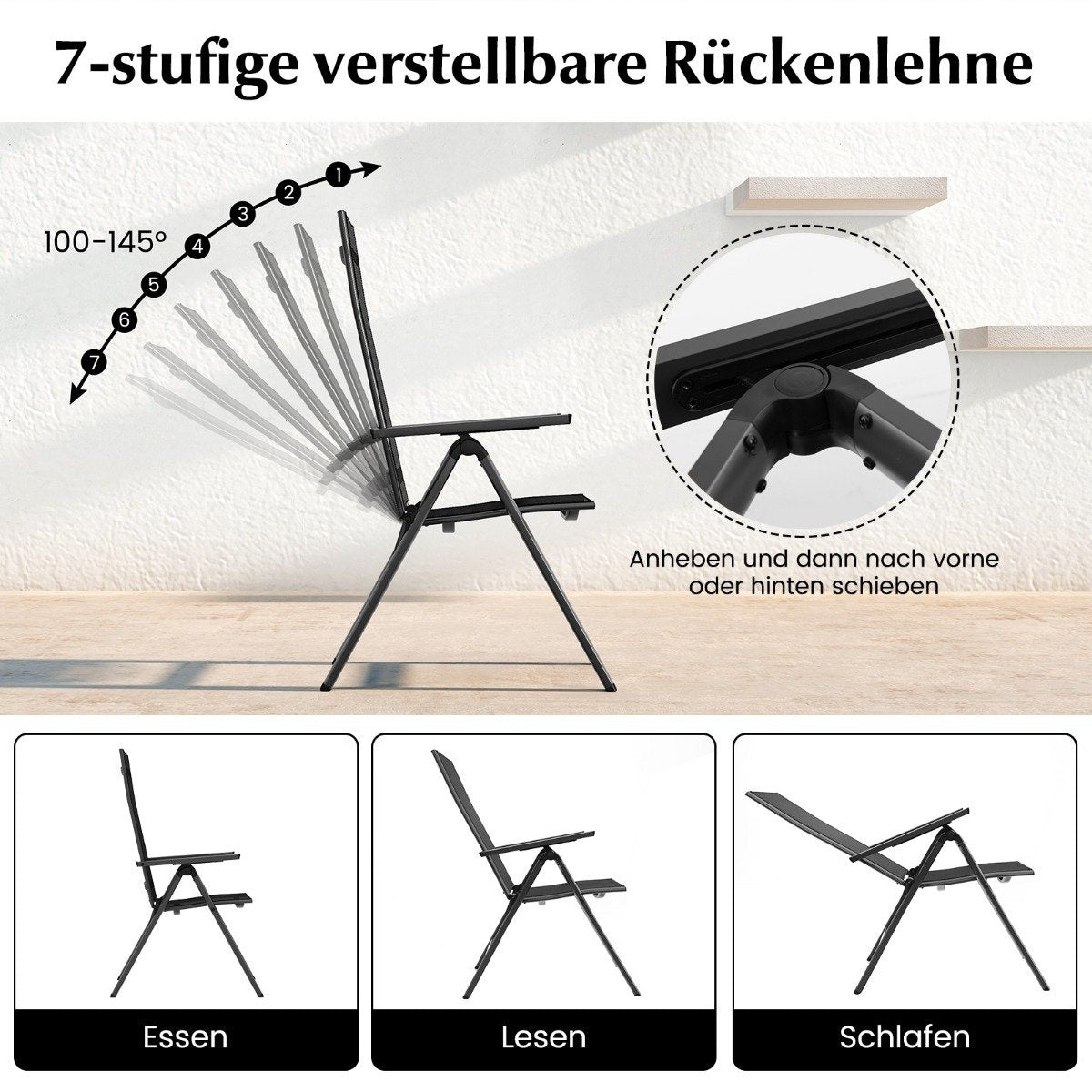 Garden chair aluminum weatherproof folding chair with 7-way adjustable backrest black (1 piece)