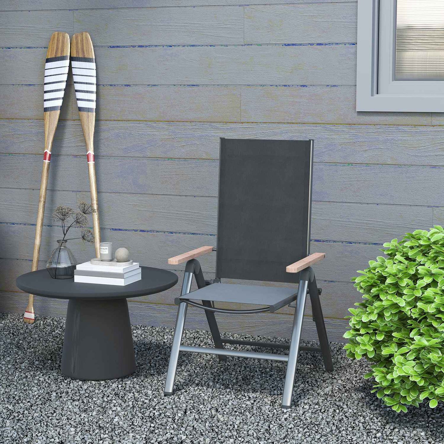 Folding steel garden chair with armrests, black, 120 kg capacity