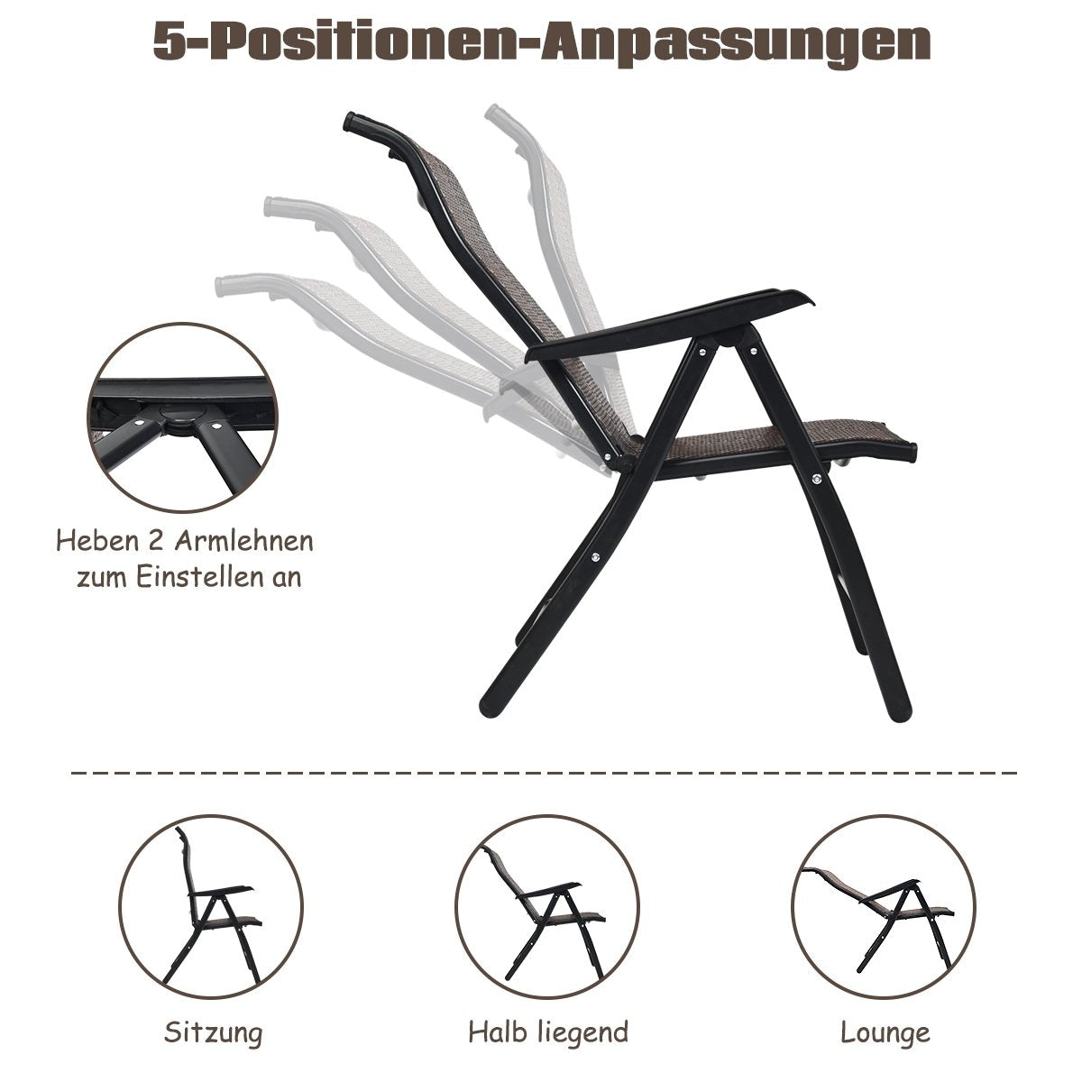 Garden chair polyrattan folding chair with 5-way adjustable backrest 69 x 58 x 85 - 112 cm