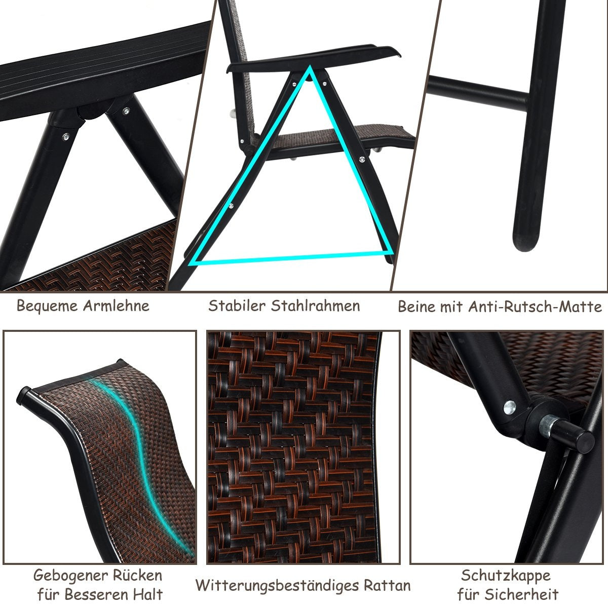 Garden chair polyrattan folding chair with 5-way adjustable backrest 69 x 58 x 85 - 112 cm