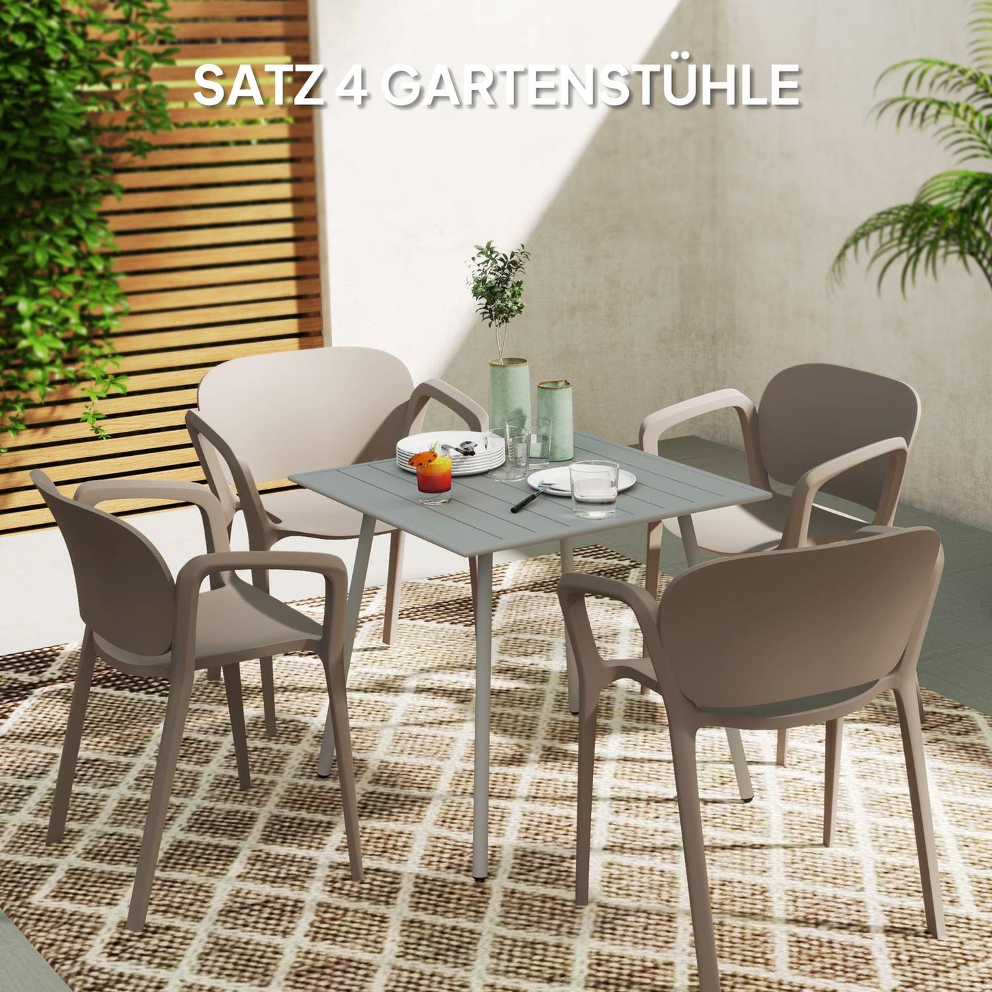 Weatherproof patio chairs in gray plastic, stackable set of 4