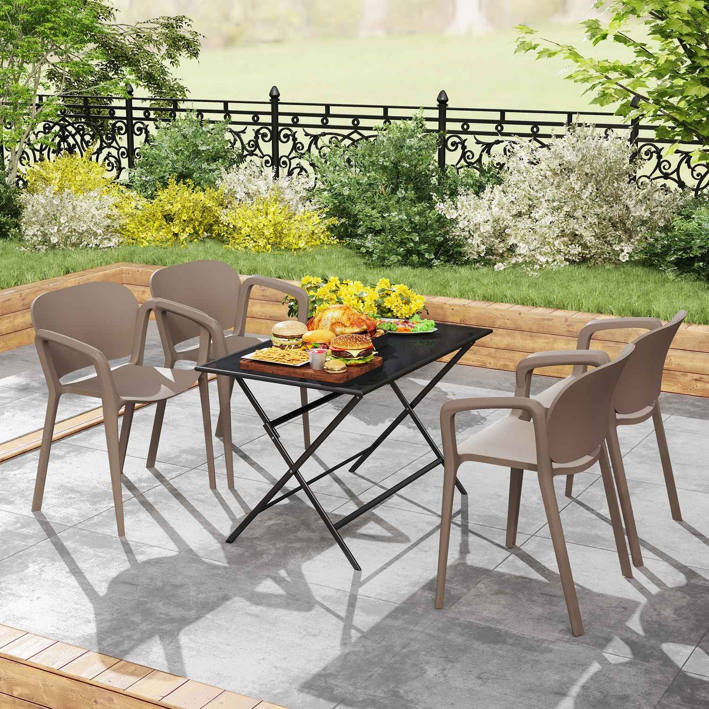 Weatherproof patio chairs in gray plastic, stackable set of 4