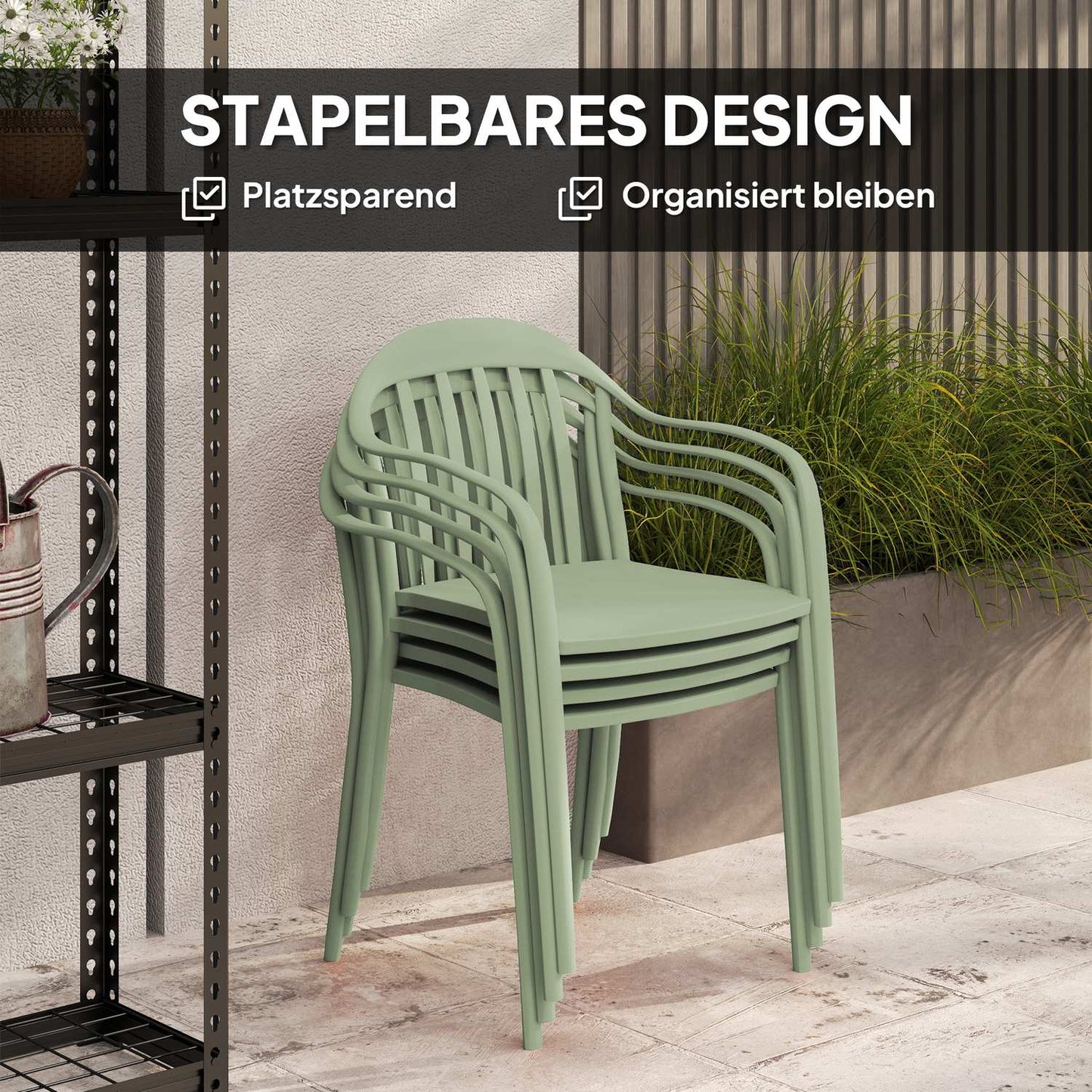 Set of 4 weatherproof stackable plastic patio chairs