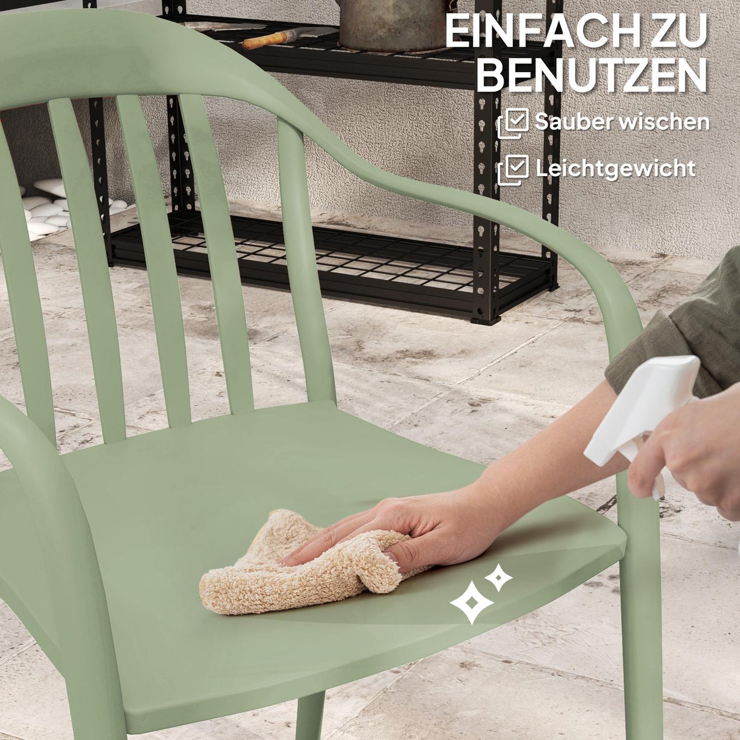 Set of 4 weatherproof stackable plastic patio chairs