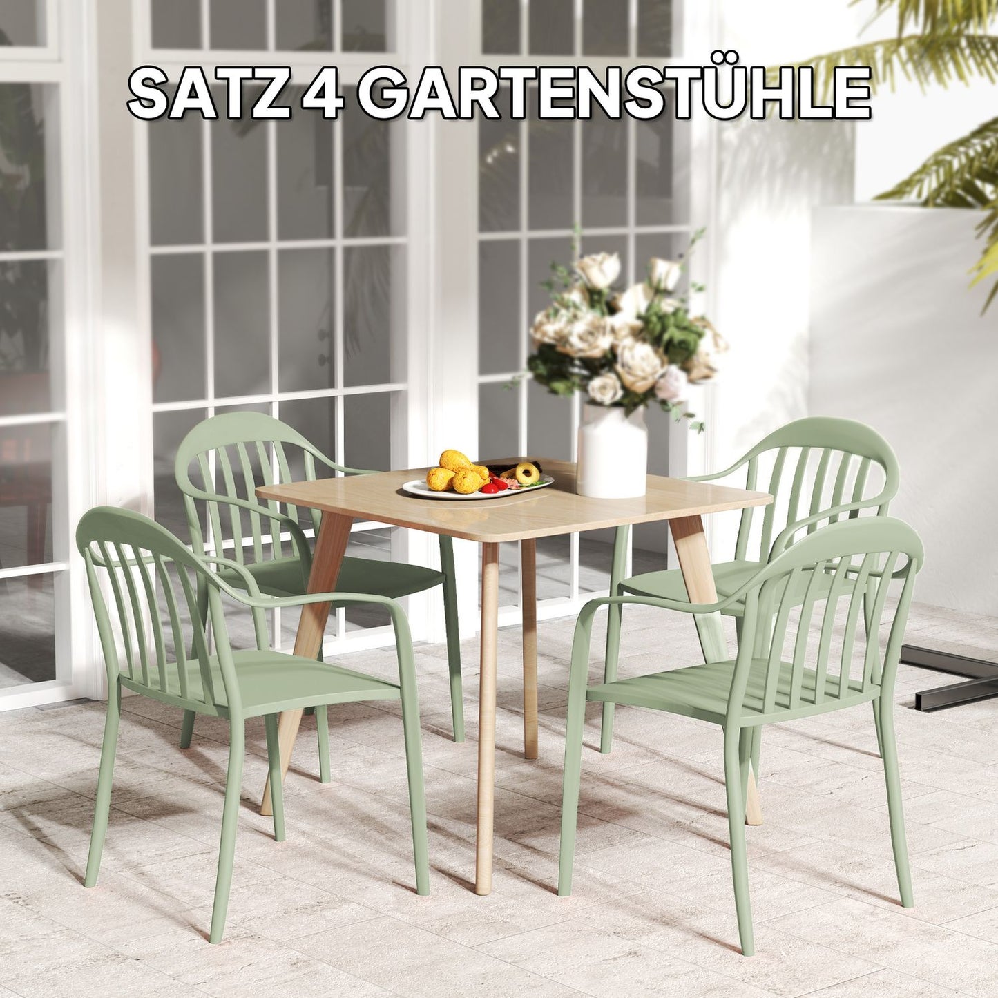 Set of 4 weatherproof stackable plastic patio chairs