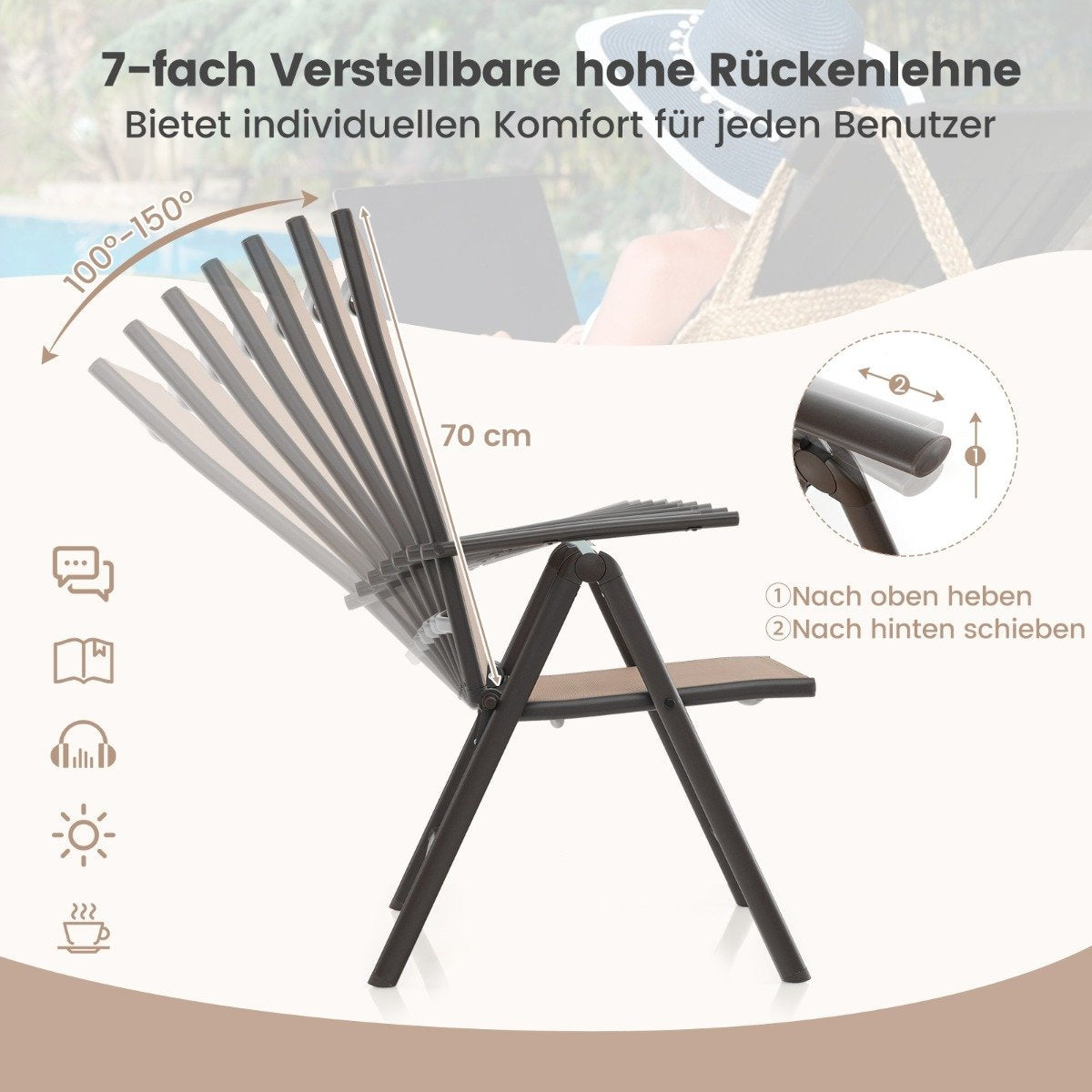 Garden chairs with 7-way adjustable backrest, folding chairs, load capacity up to 180 kg, brown, 1 piece