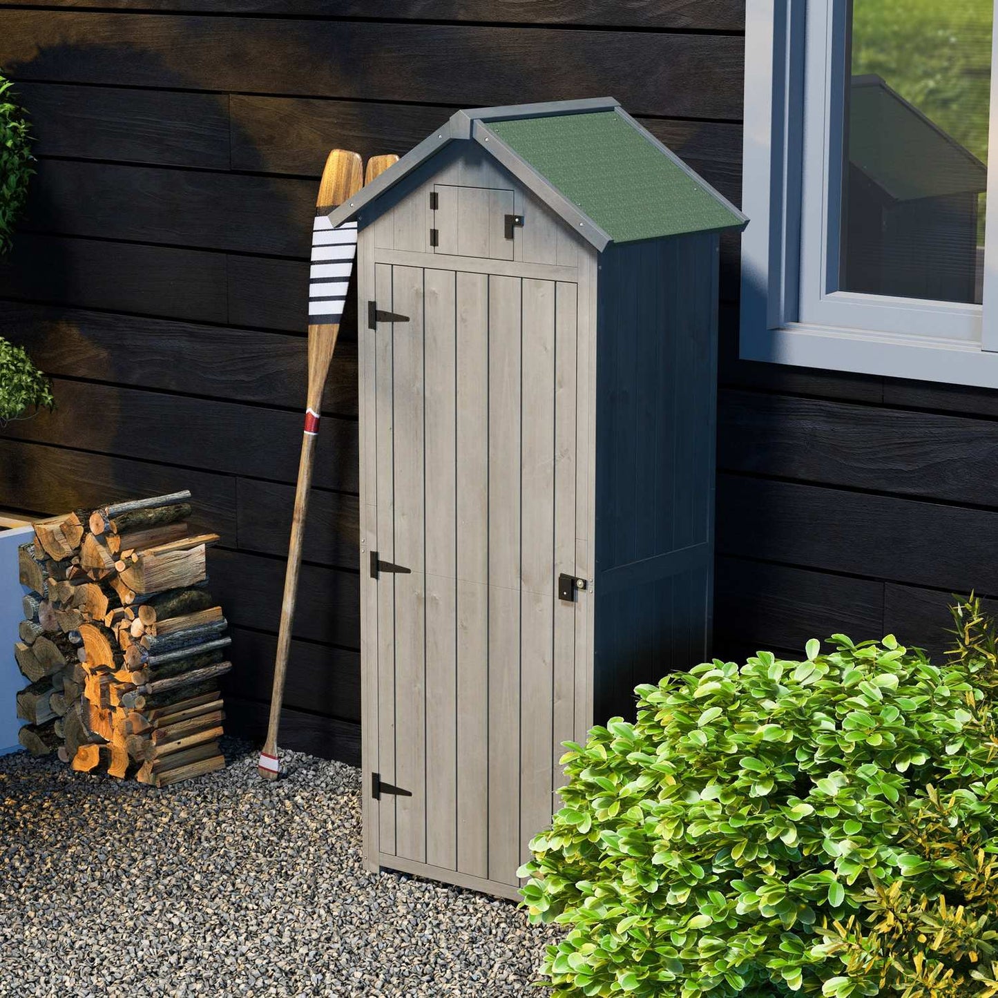 Wooden garden tool shed - Gray & Green, With shelves, 77x54x179 cm