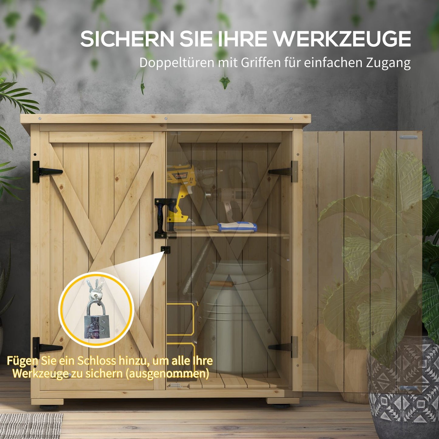 Weatherproof wooden tool shed - Double door, 77.5 x 88 x 90 cm