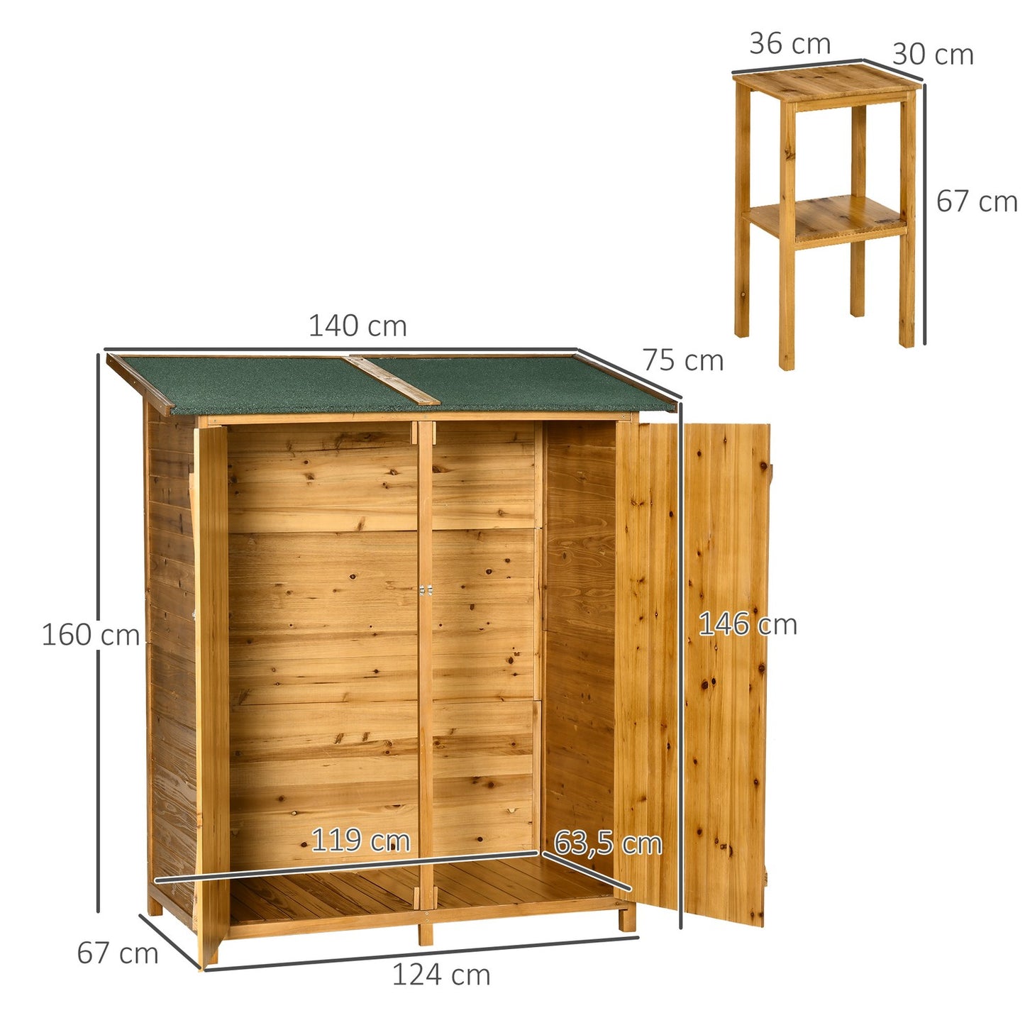 Garden storage cabinet, spruce, asphalt roof, 140x75x157 cm
