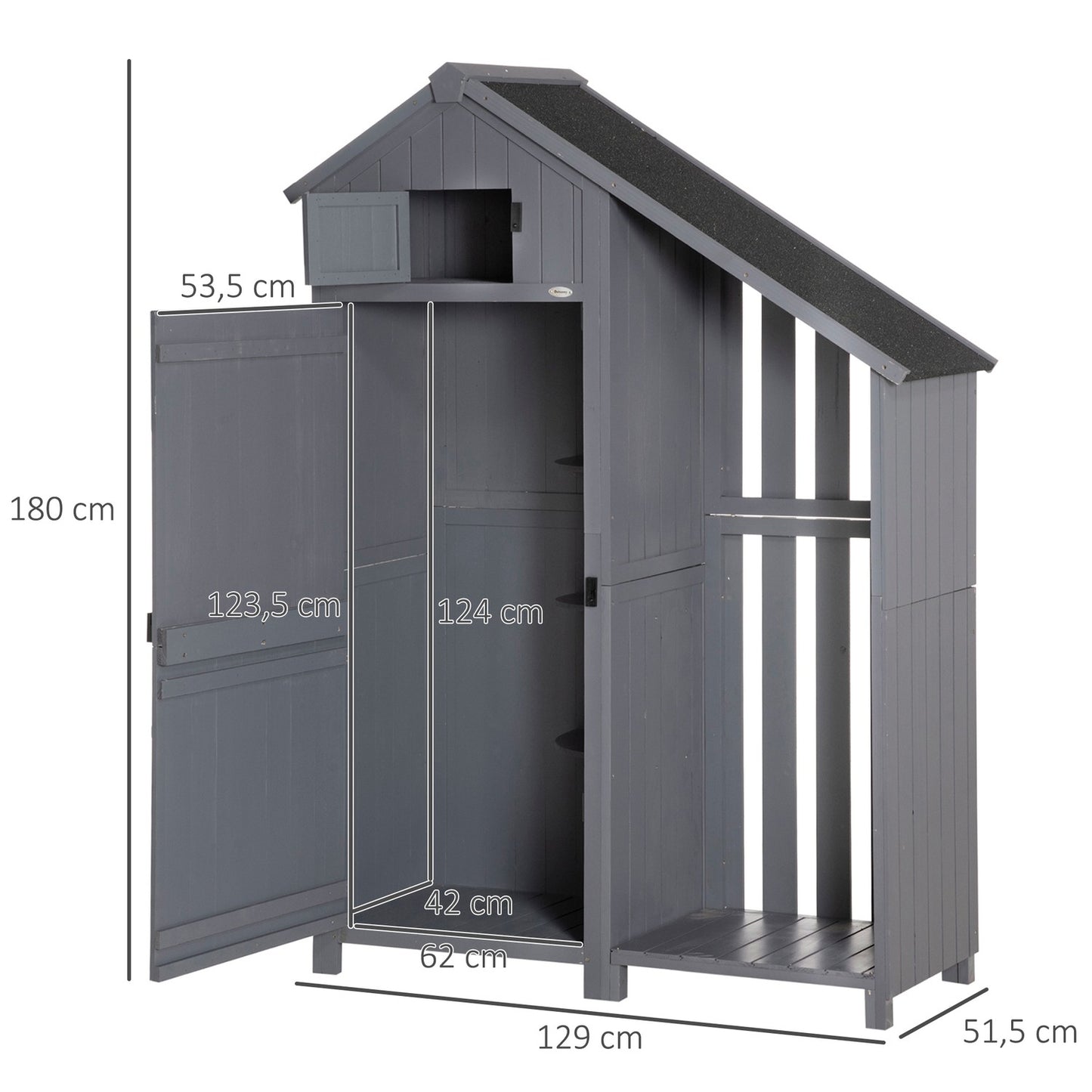 Garden tool shed in wood, gray and black, 129x52x180 cm