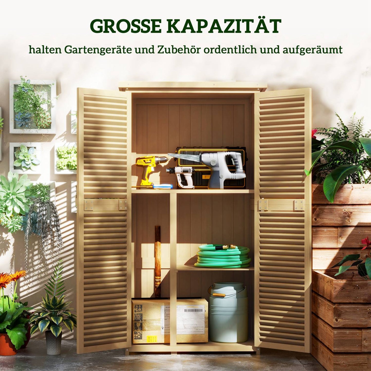 Wooden garden tool shed, asphalt roof, 4 compartments