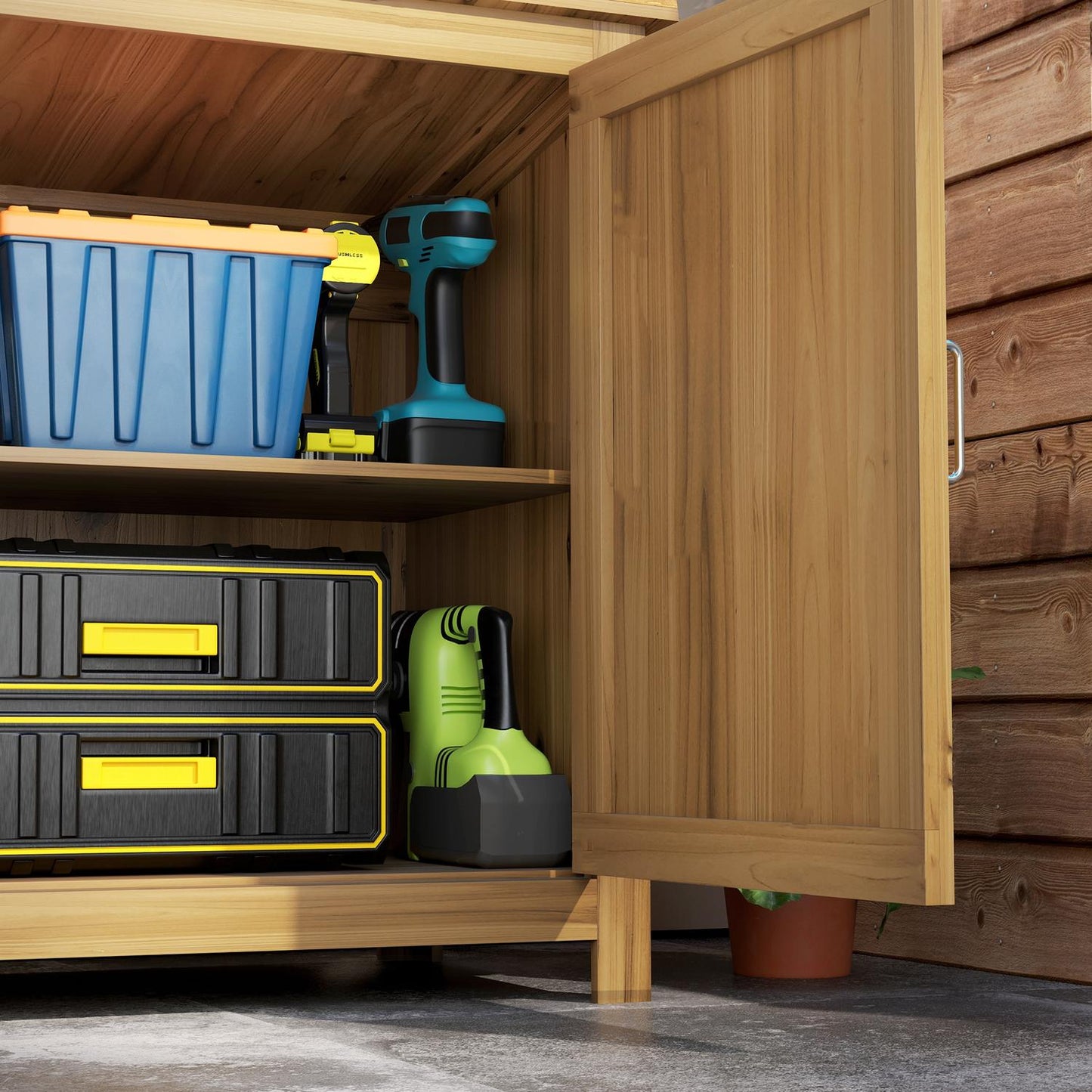 Weather-resistant wooden garden tool shed with shelves 110x50x85 cm