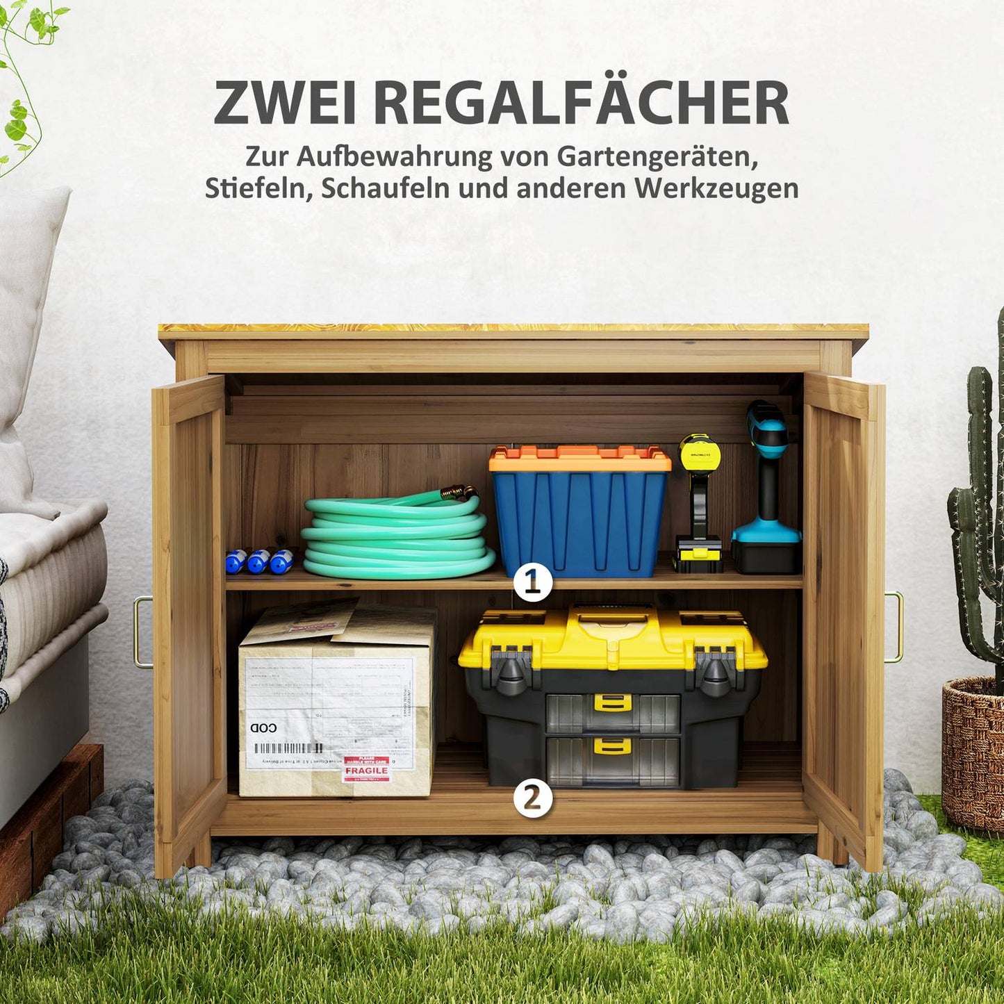 Weather-resistant wooden garden tool shed with shelves 110x50x85 cm