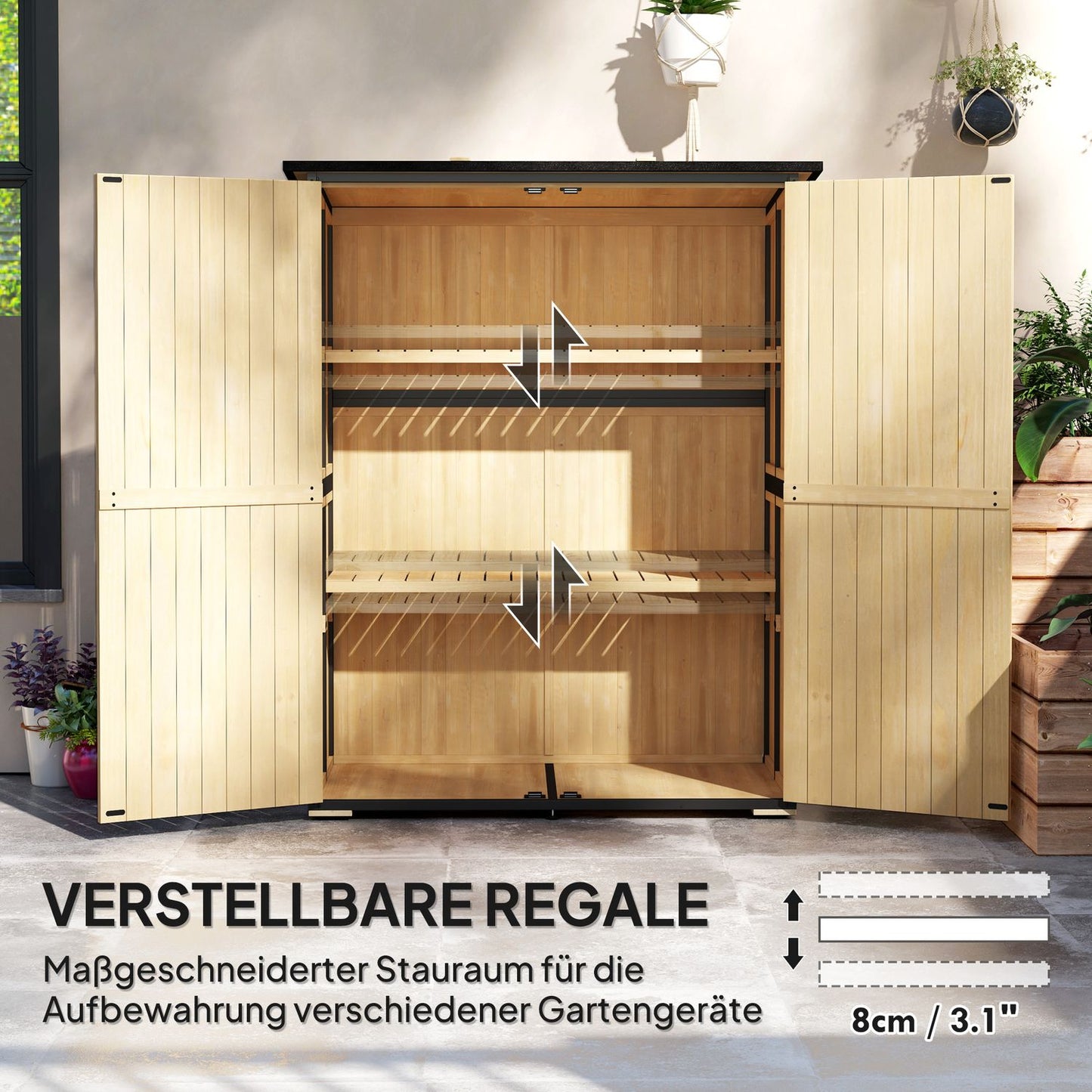 Weatherproof wooden garden tool shed with shelves