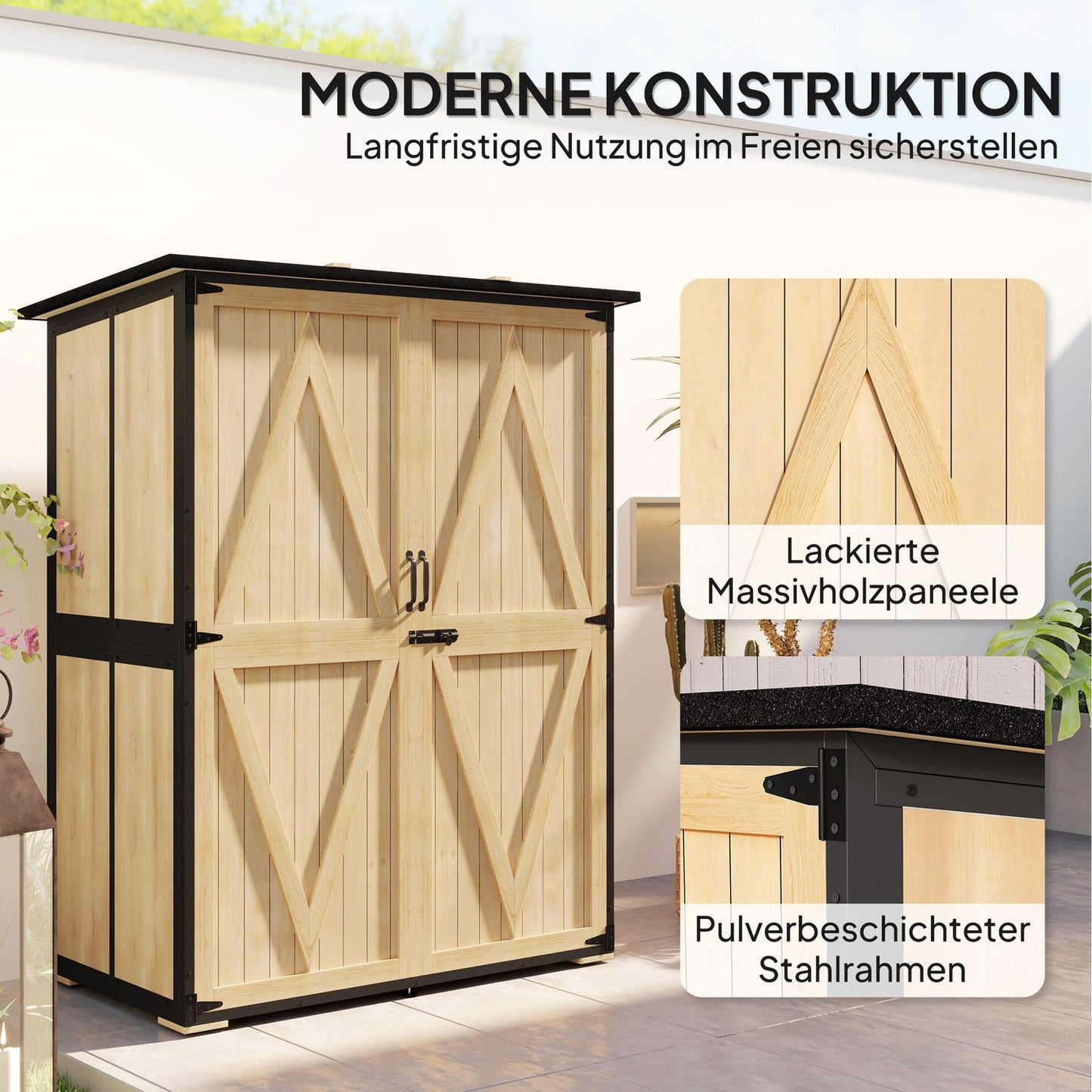 Weatherproof wooden garden tool shed with shelves